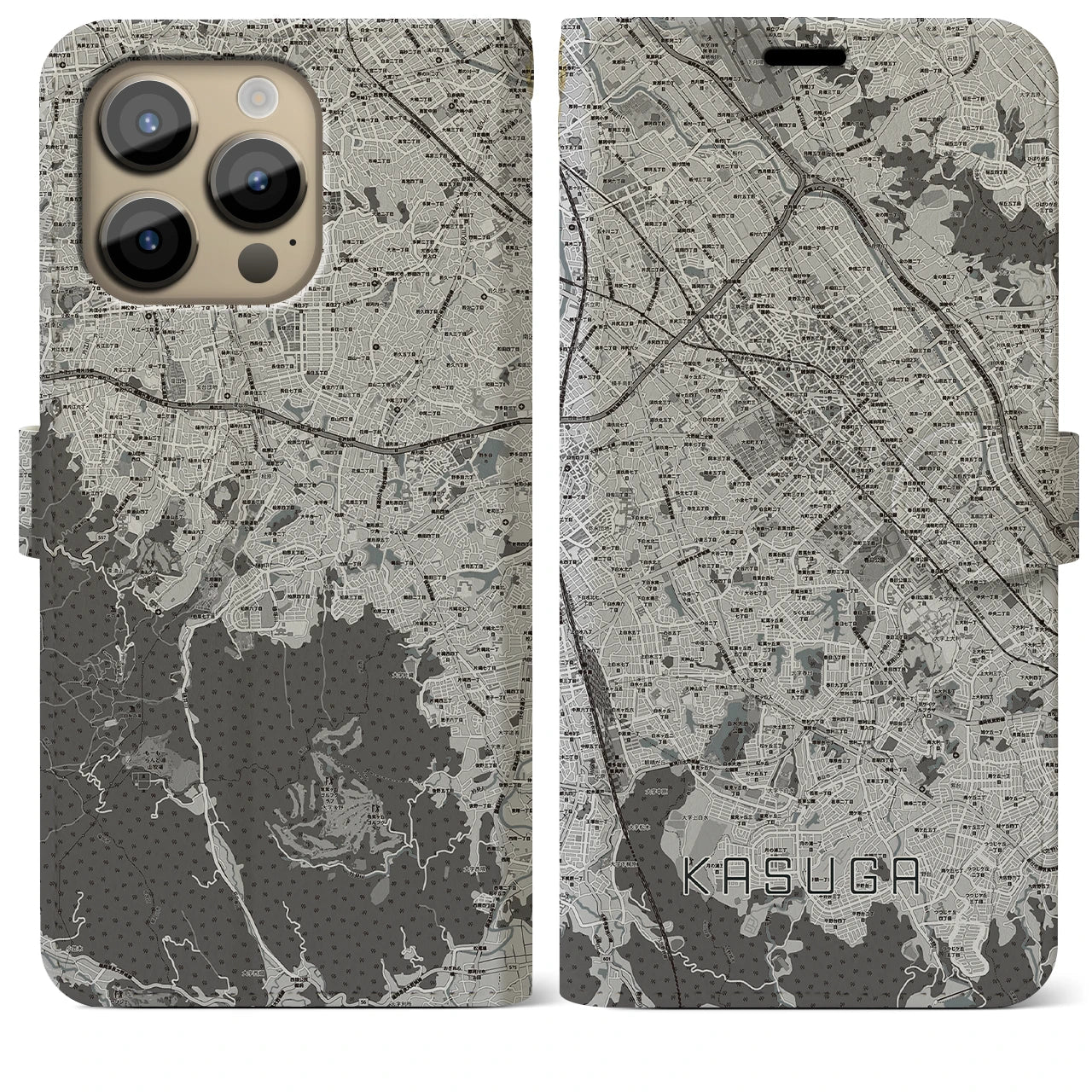 【春日(福岡県)】地図柄iPhoneケース(手帳タイプ)モノトーン・iPhone 14 Pro Max 用