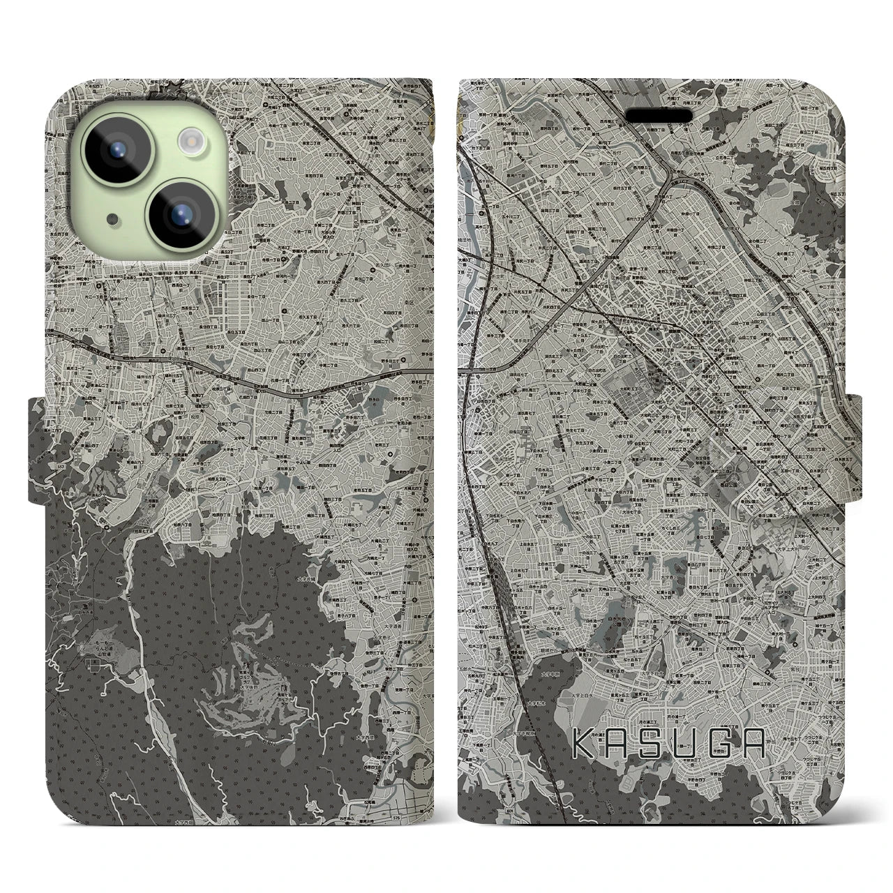 【春日(福岡県)】地図柄iPhoneケース(手帳タイプ)モノトーン・iPhone 15 用
