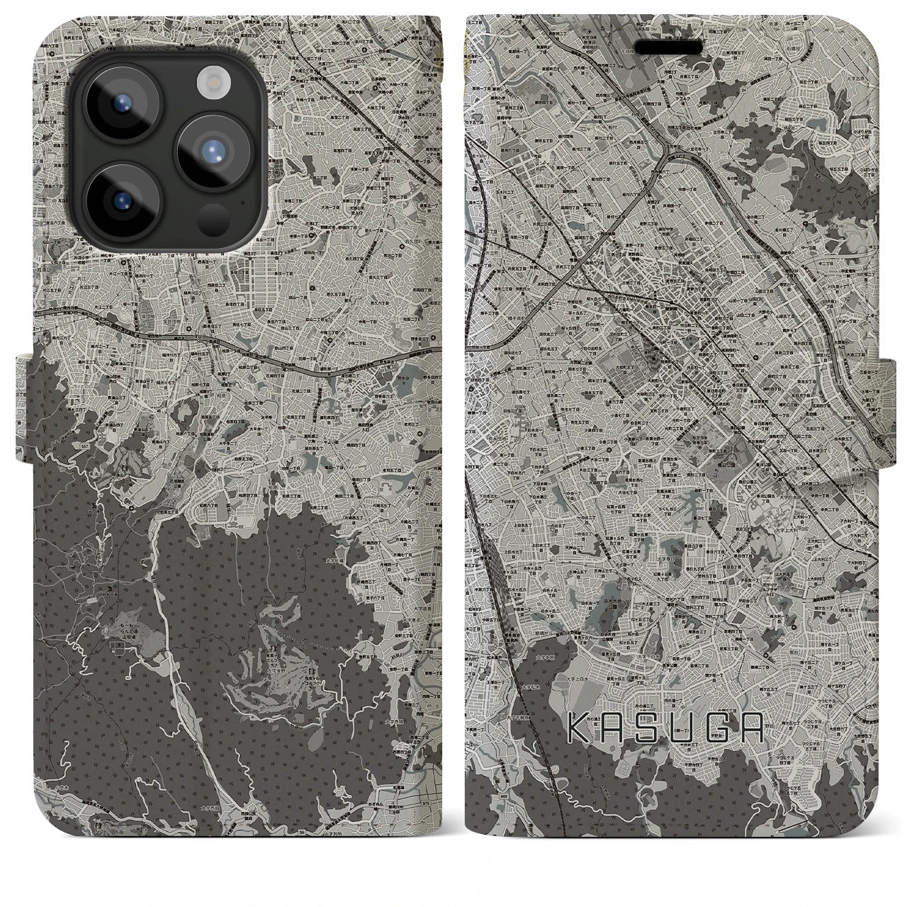 【春日(福岡県)】地図柄iPhoneケース(手帳タイプ)モノトーン・iPhone 15 Pro Max 用