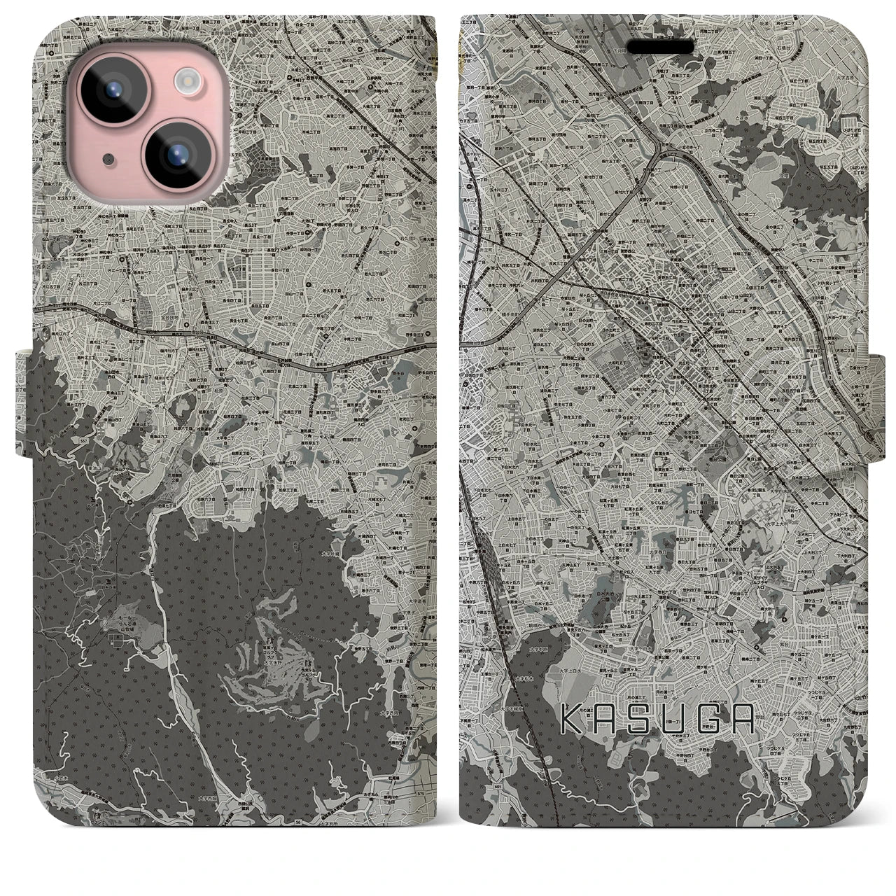 【春日(福岡県)】地図柄iPhoneケース(手帳タイプ)モノトーン・iPhone 15 Plus 用