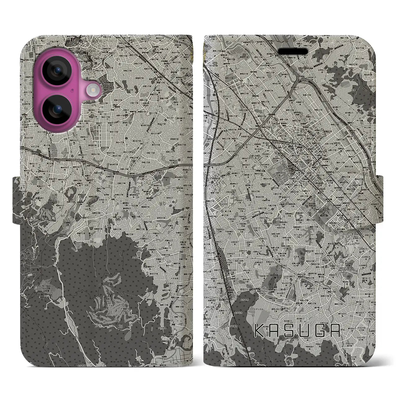【春日(福岡県)】地図柄iPhoneケース(手帳タイプ)モノトーン・iPhone 16 Pro 用