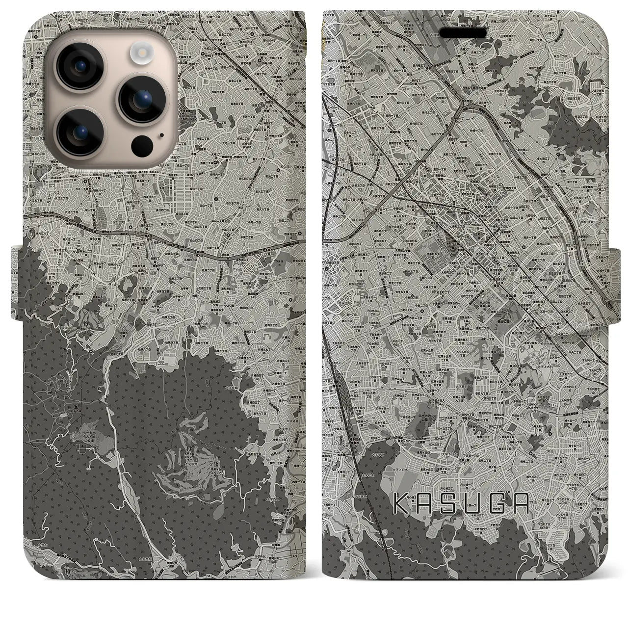 【春日(福岡県)】地図柄iPhoneケース(手帳タイプ)モノトーン・iPhone 16 Plus 用