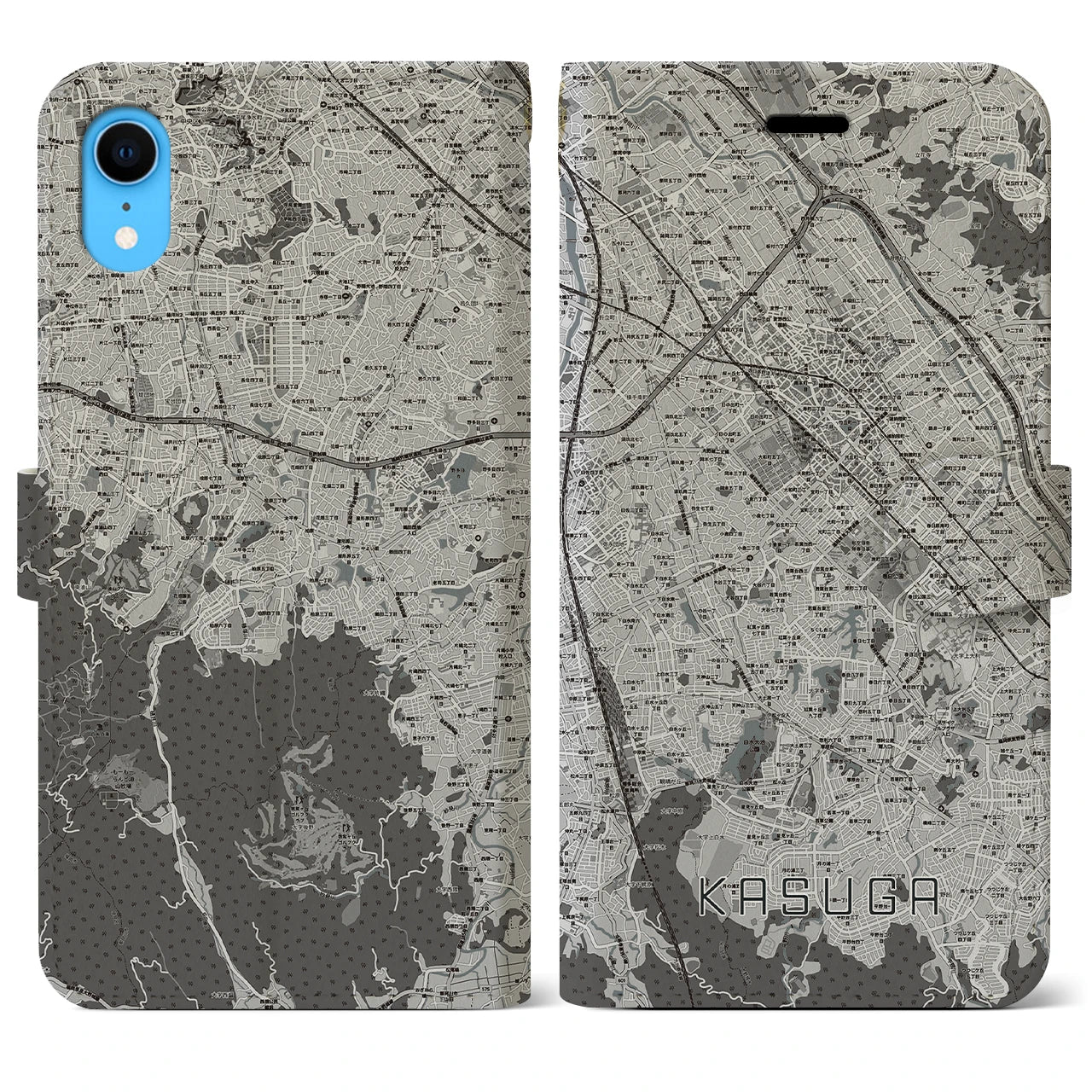 【春日(福岡県)】地図柄iPhoneケース(手帳タイプ)モノトーン・iPhone XR 用