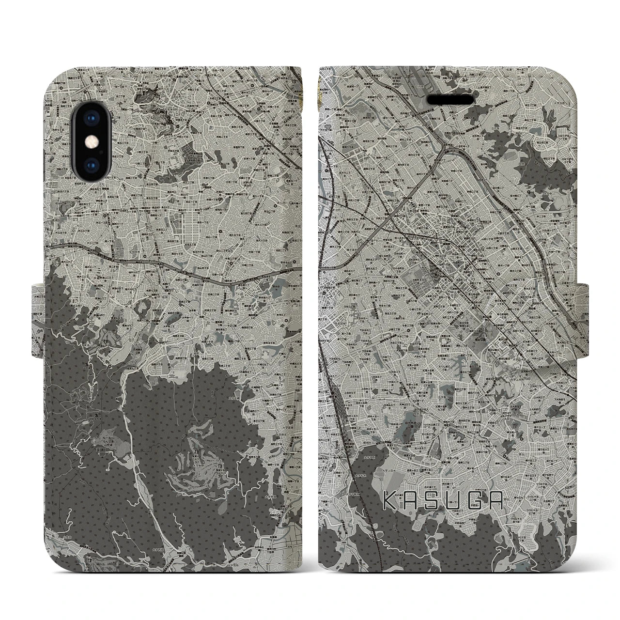 【春日(福岡県)】地図柄iPhoneケース(手帳タイプ)モノトーン・iPhone XS / X 用