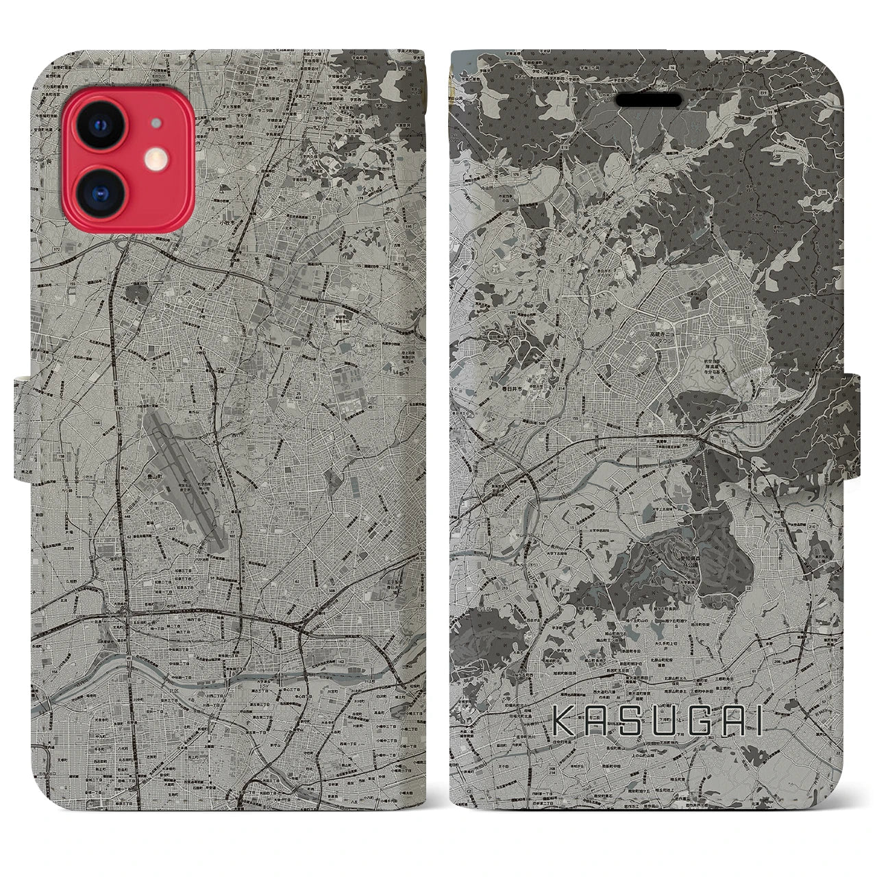 【春日井(愛知県)】地図柄iPhoneケース(手帳タイプ)モノトーン・iPhone 11 用