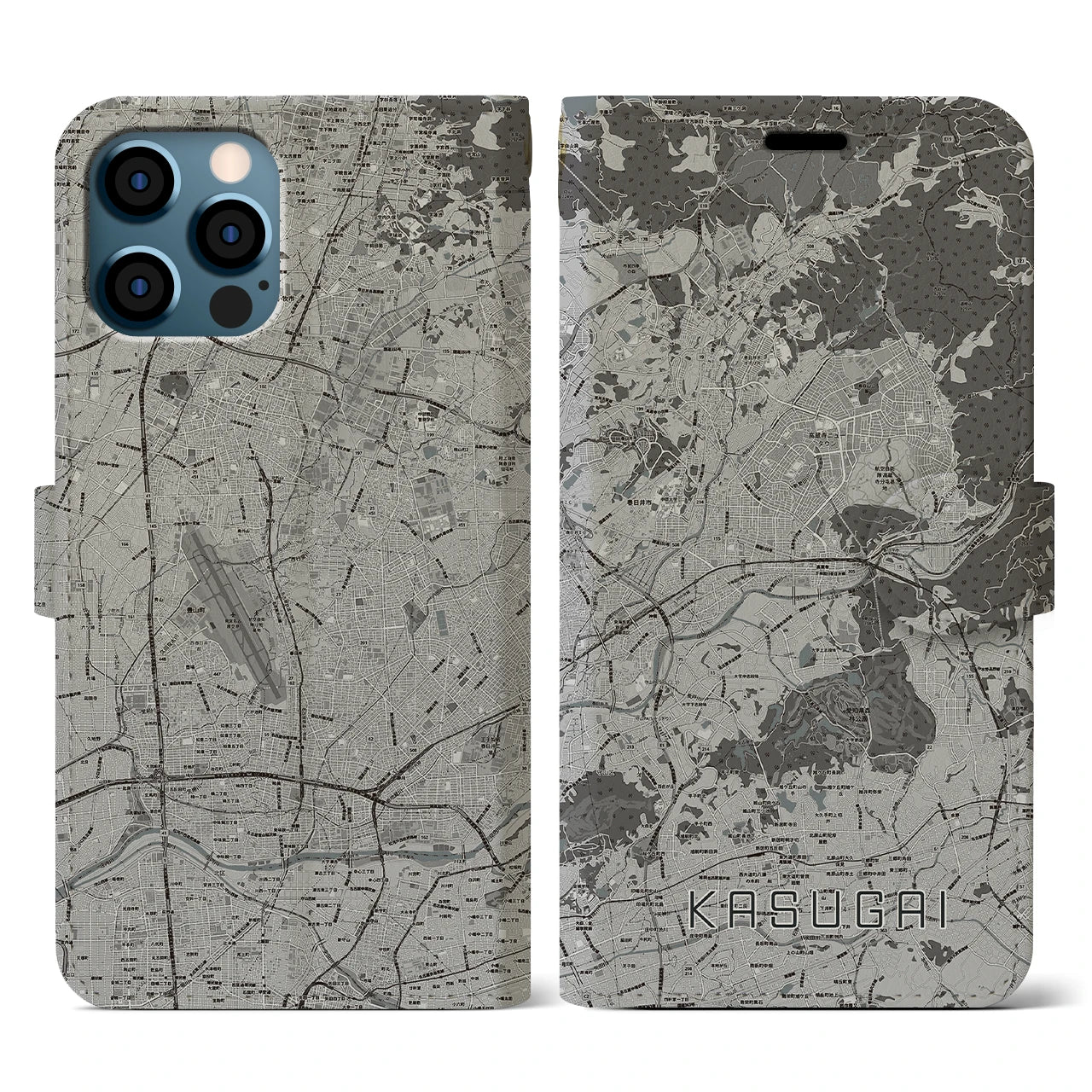 【春日井(愛知県)】地図柄iPhoneケース(手帳タイプ)モノトーン・iPhone 12 / 12 Pro 用