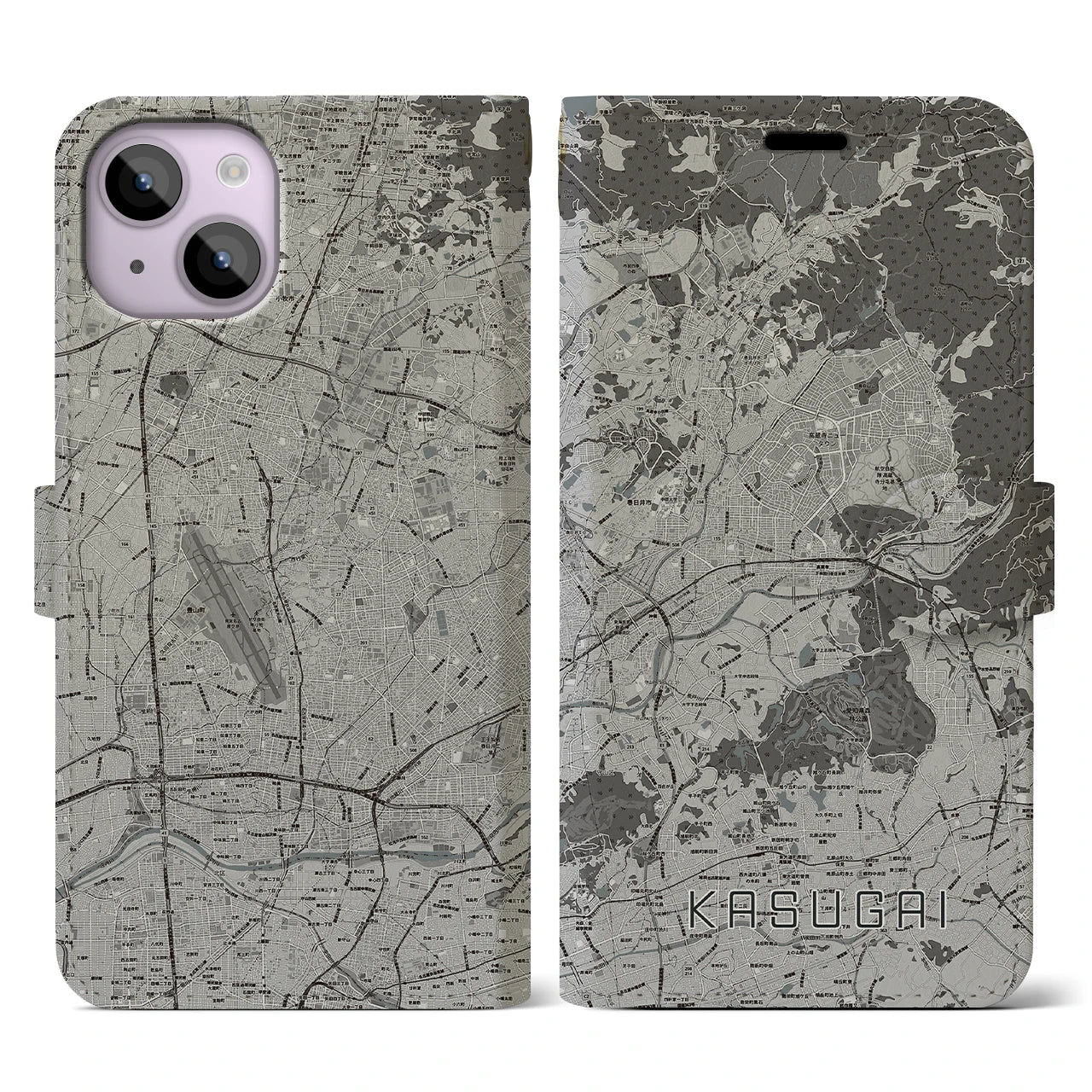 【春日井(愛知県)】地図柄iPhoneケース(手帳タイプ)モノトーン・iPhone 14 用