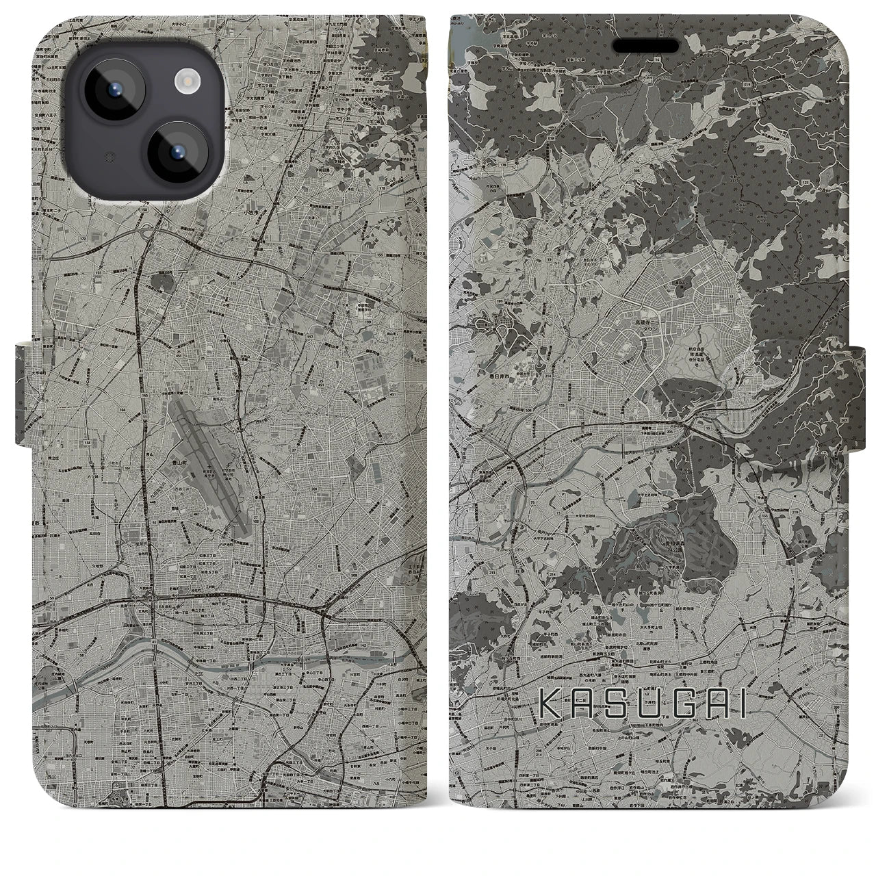 【春日井(愛知県)】地図柄iPhoneケース(手帳タイプ)モノトーン・iPhone 14 Plus 用