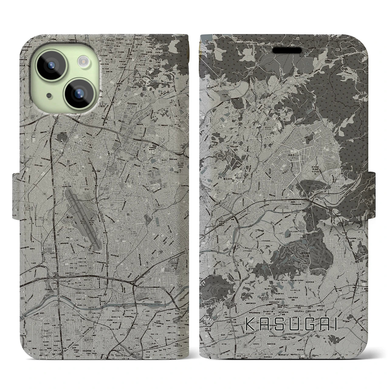 【春日井(愛知県)】地図柄iPhoneケース(手帳タイプ)モノトーン・iPhone 15 用