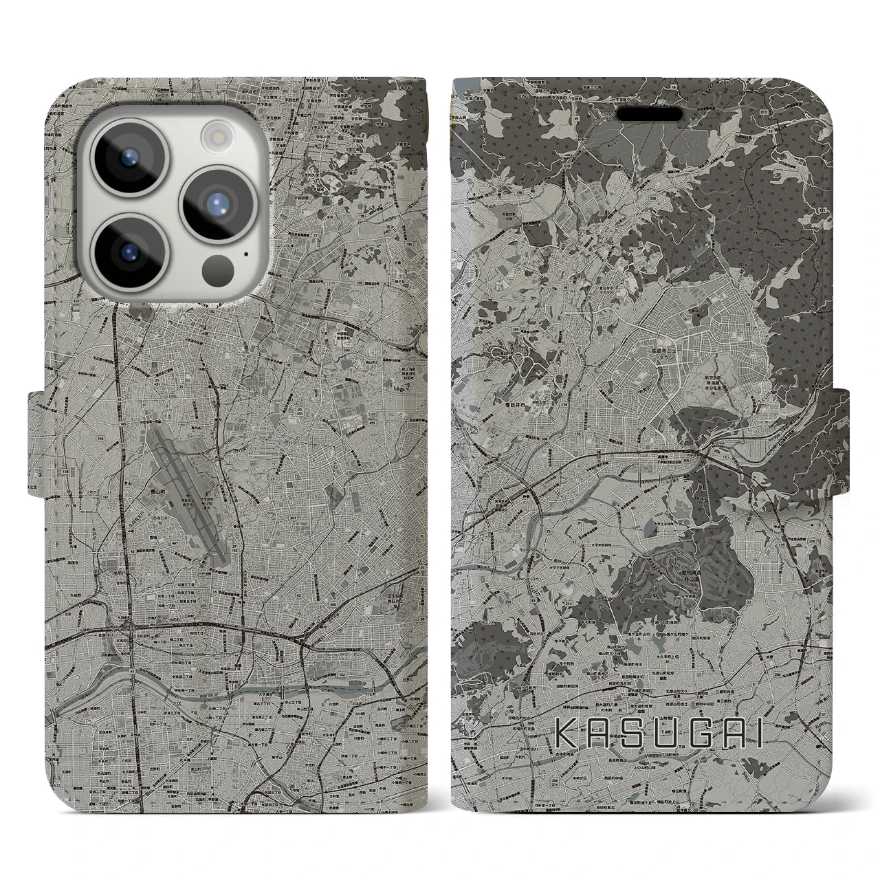 【春日井(愛知県)】地図柄iPhoneケース(手帳タイプ)モノトーン・iPhone 15 Pro 用