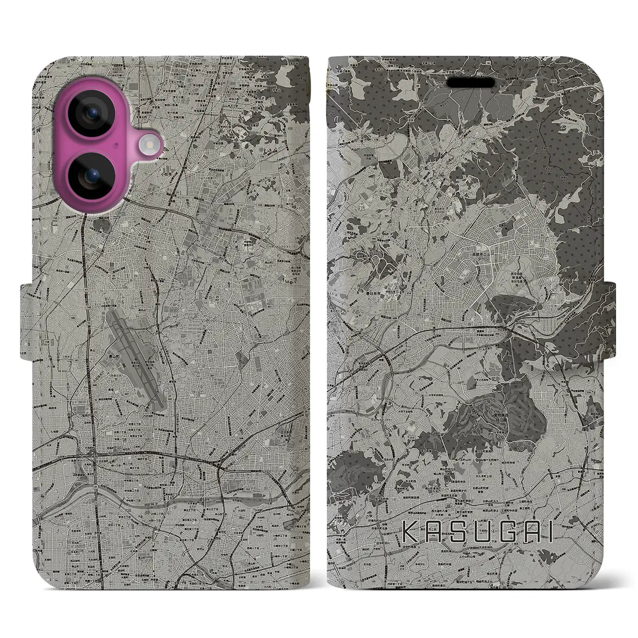 【春日井(愛知県)】地図柄iPhoneケース(手帳タイプ)モノトーン・iPhone 16 Pro 用