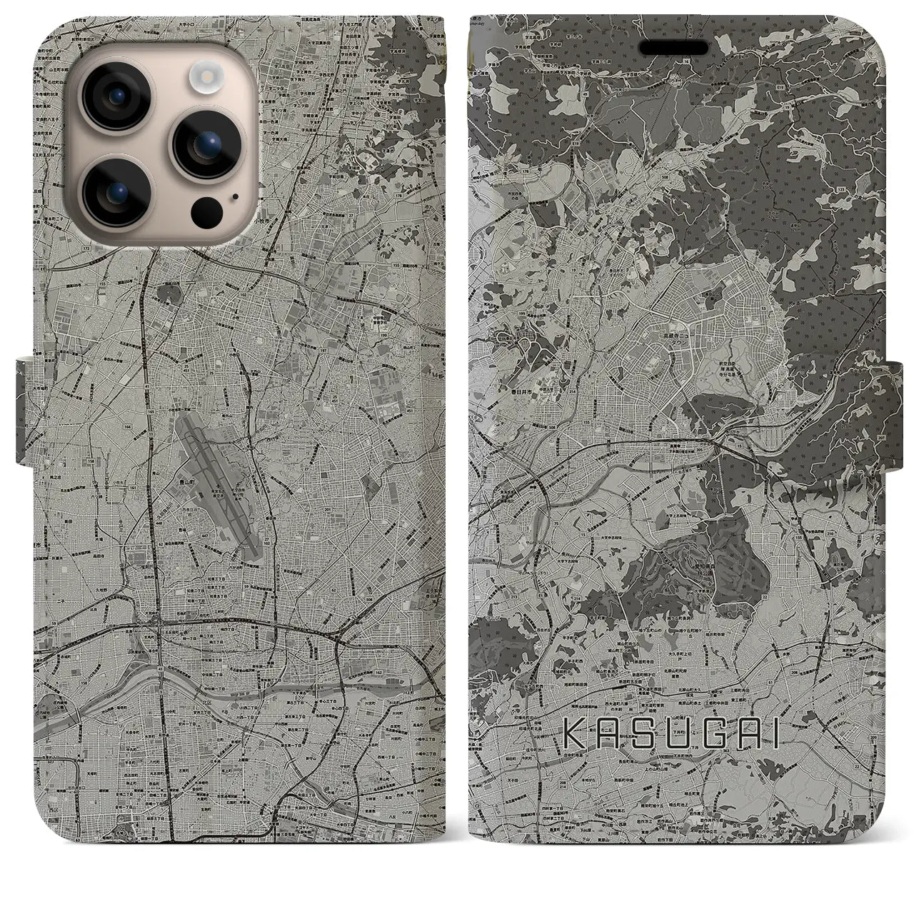 【春日井(愛知県)】地図柄iPhoneケース(手帳タイプ)モノトーン・iPhone 16 Plus 用