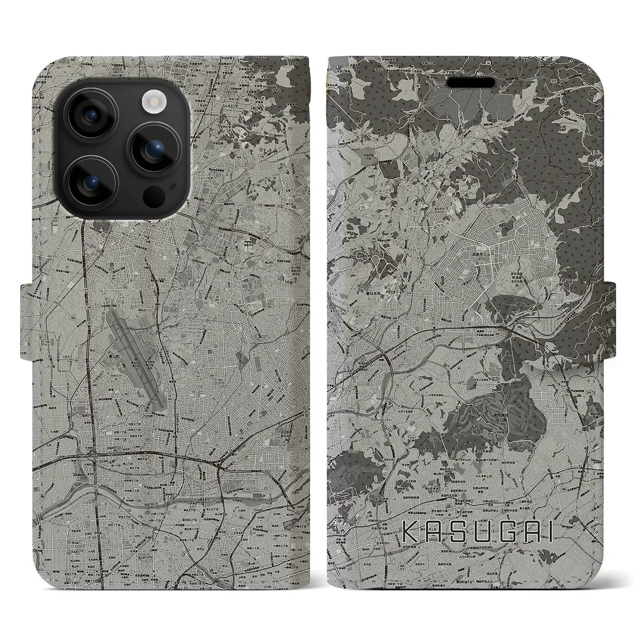 【春日井(愛知県)】地図柄iPhoneケース(手帳タイプ)モノトーン・iPhone 16 用