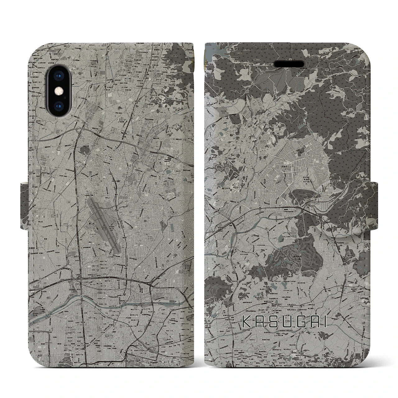 【春日井(愛知県)】地図柄iPhoneケース(手帳タイプ)モノトーン・iPhone XS / X 用