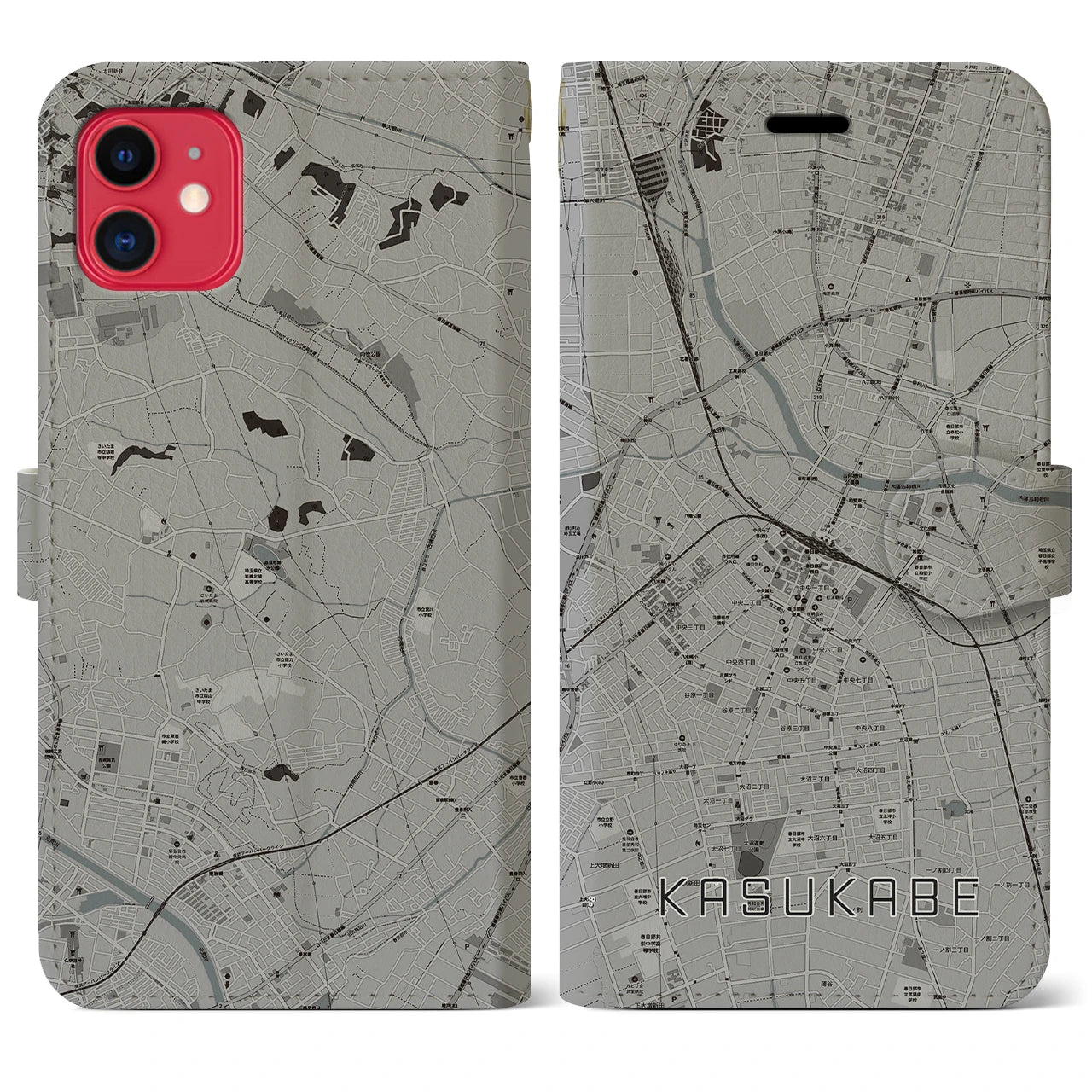 【春日部(埼玉県)】地図柄iPhoneケース(手帳タイプ)モノトーン・iPhone 11 用