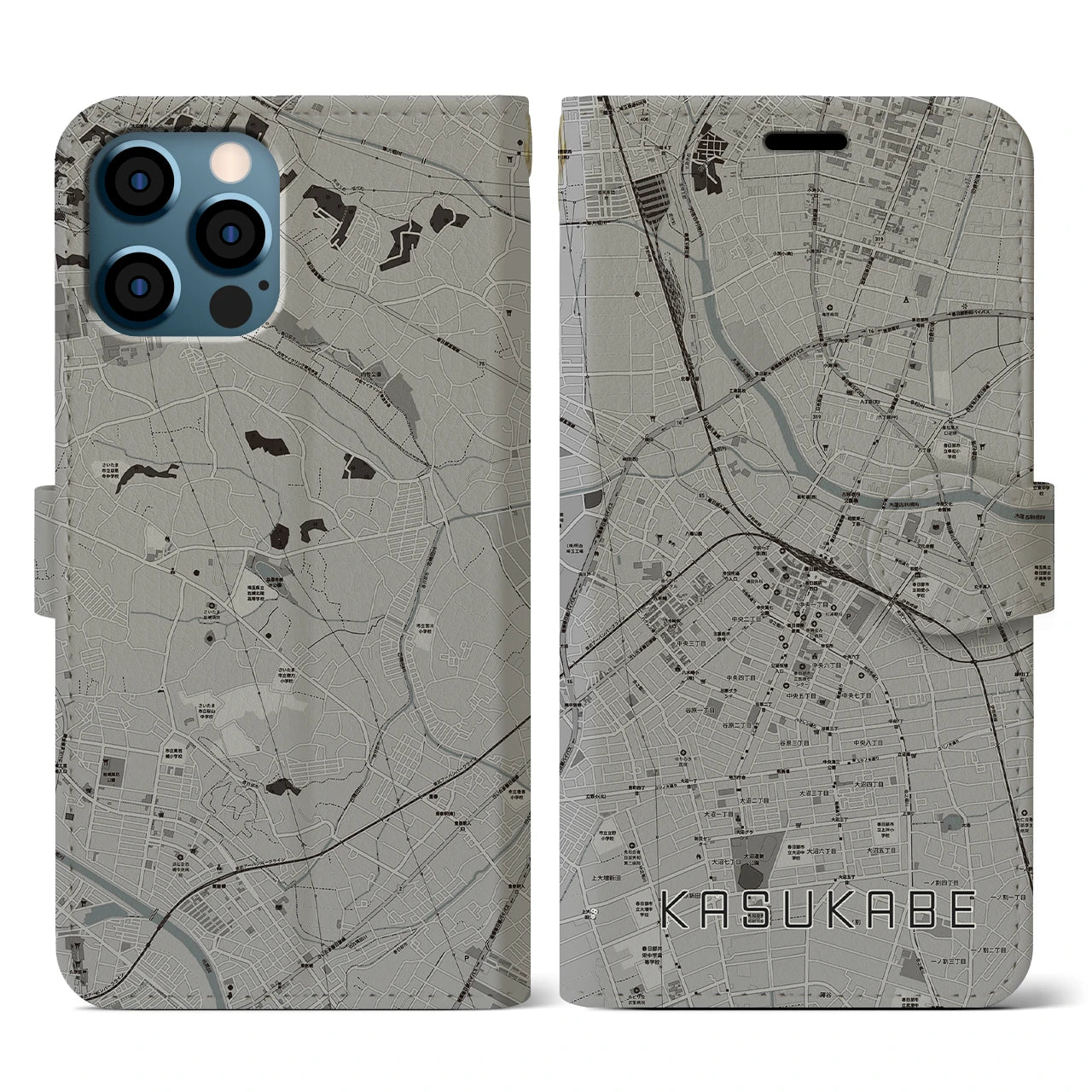 【春日部(埼玉県)】地図柄iPhoneケース(手帳タイプ)モノトーン・iPhone 12 / 12 Pro 用