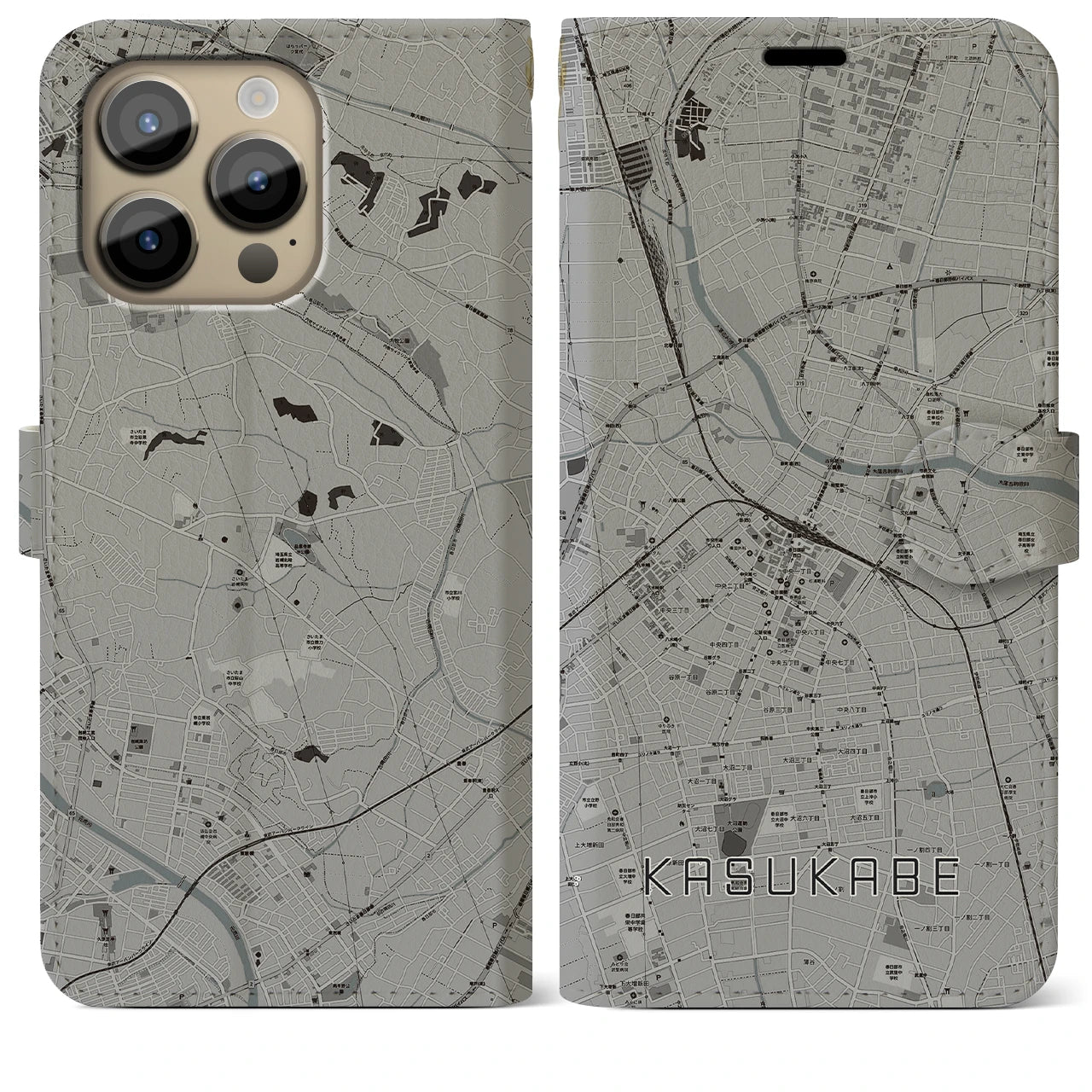 【春日部(埼玉県)】地図柄iPhoneケース(手帳タイプ)モノトーン・iPhone 14 Pro Max 用