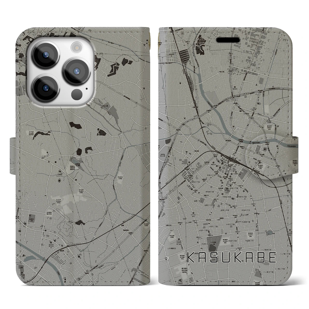 【春日部(埼玉県)】地図柄iPhoneケース(手帳タイプ)モノトーン・iPhone 14 Pro 用