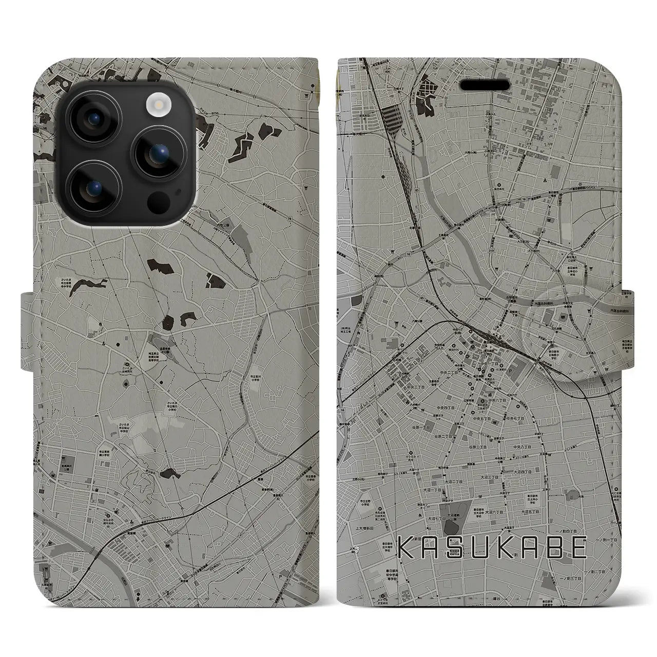 【春日部(埼玉県)】地図柄iPhoneケース(手帳タイプ)モノトーン・iPhone 16 用