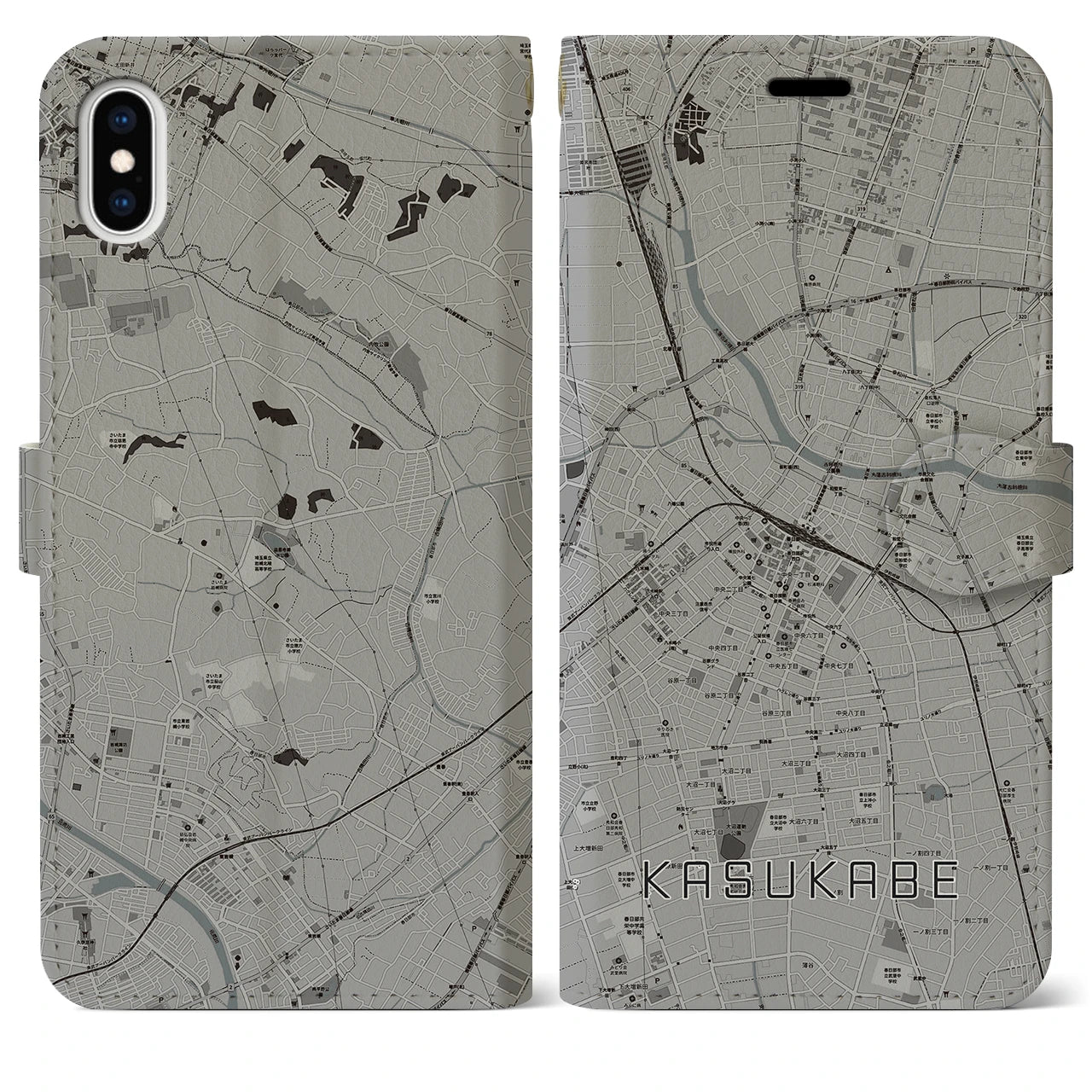 【春日部(埼玉県)】地図柄iPhoneケース(手帳タイプ)モノトーン・iPhone XS Max 用
