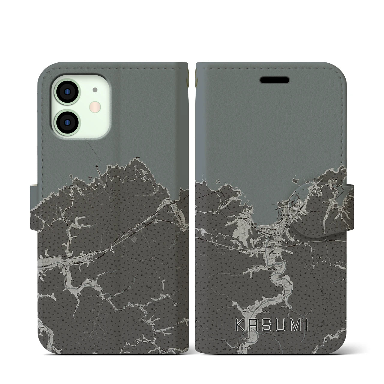 【香住(兵庫県)】地図柄iPhoneケース(手帳タイプ)モノトーン・iPhone 12 mini 用