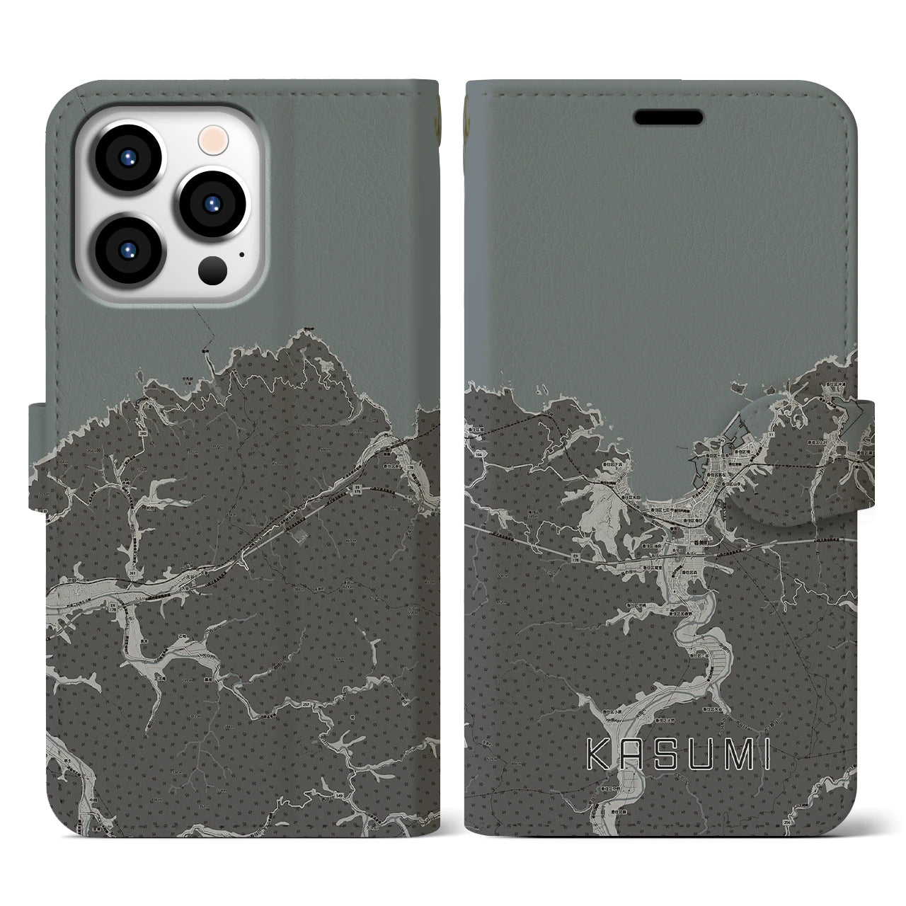 【香住(兵庫県)】地図柄iPhoneケース(手帳タイプ)モノトーン・iPhone 13 Pro 用