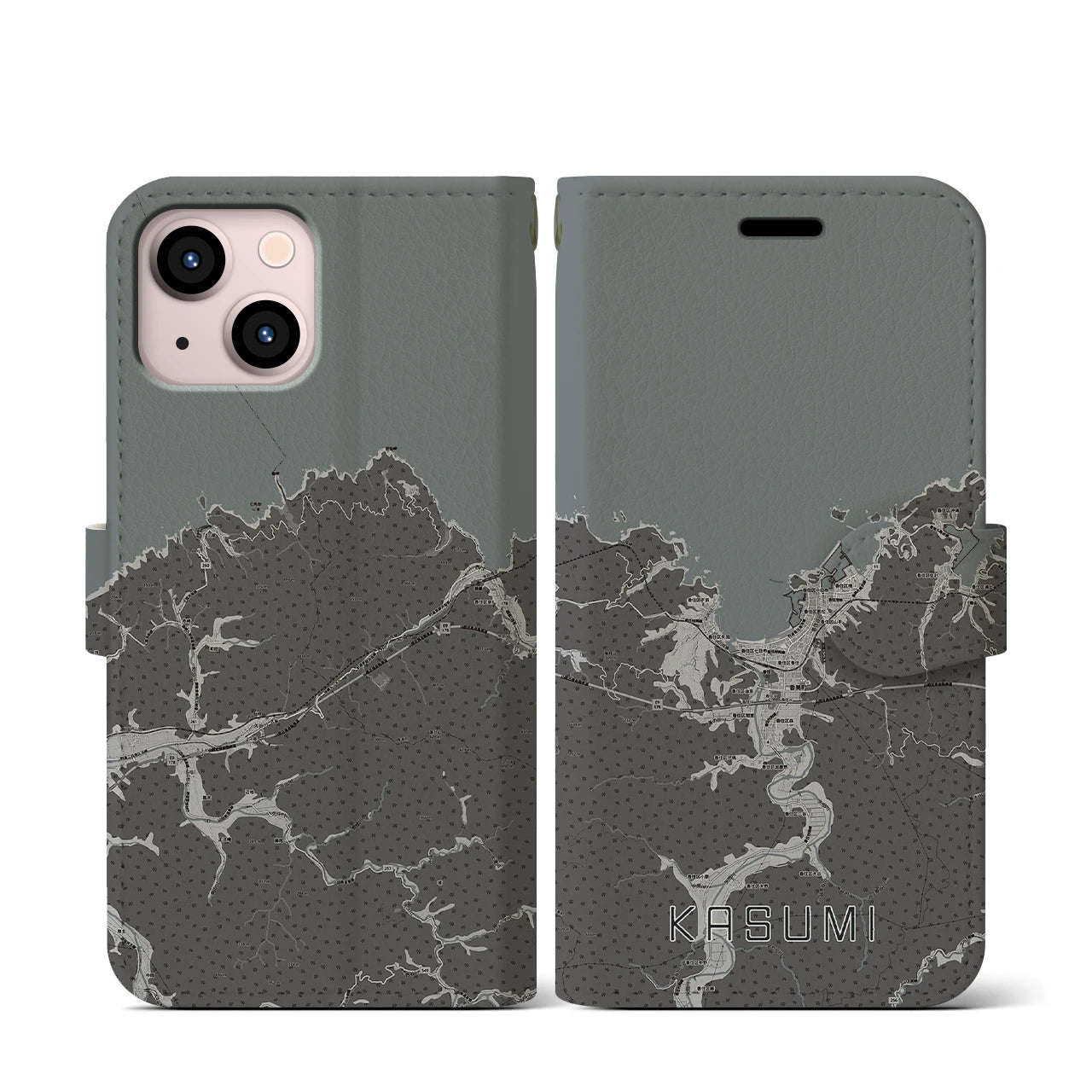 【香住(兵庫県)】地図柄iPhoneケース(手帳タイプ)モノトーン・iPhone 13 mini 用