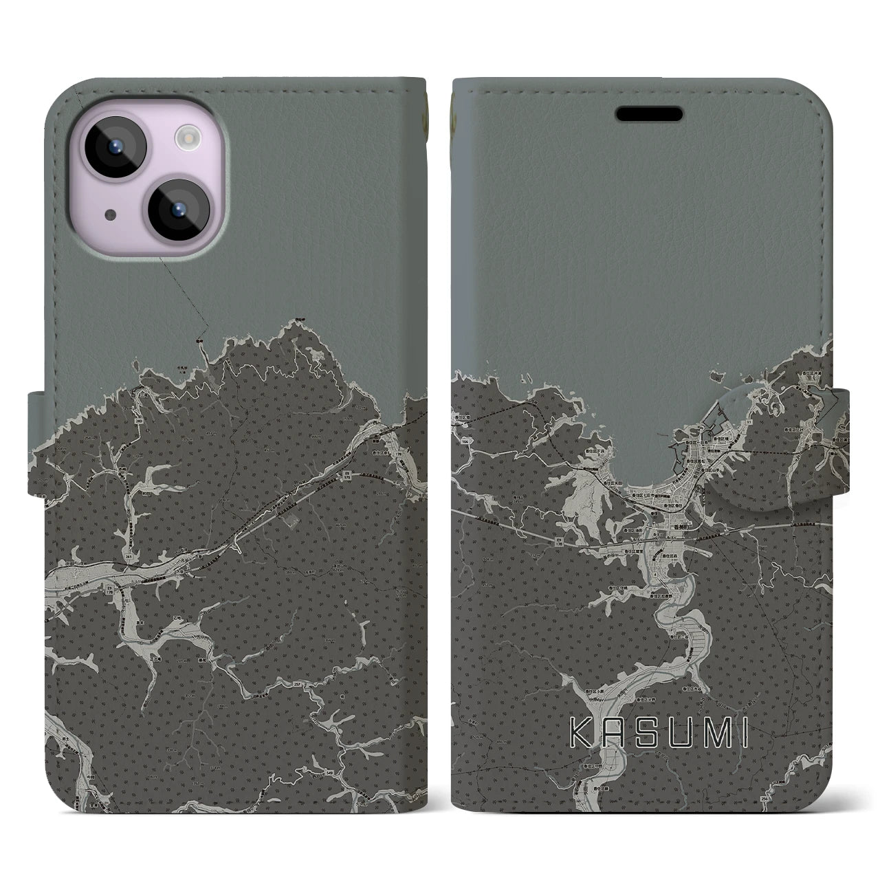 【香住(兵庫県)】地図柄iPhoneケース(手帳タイプ)モノトーン・iPhone 14 用