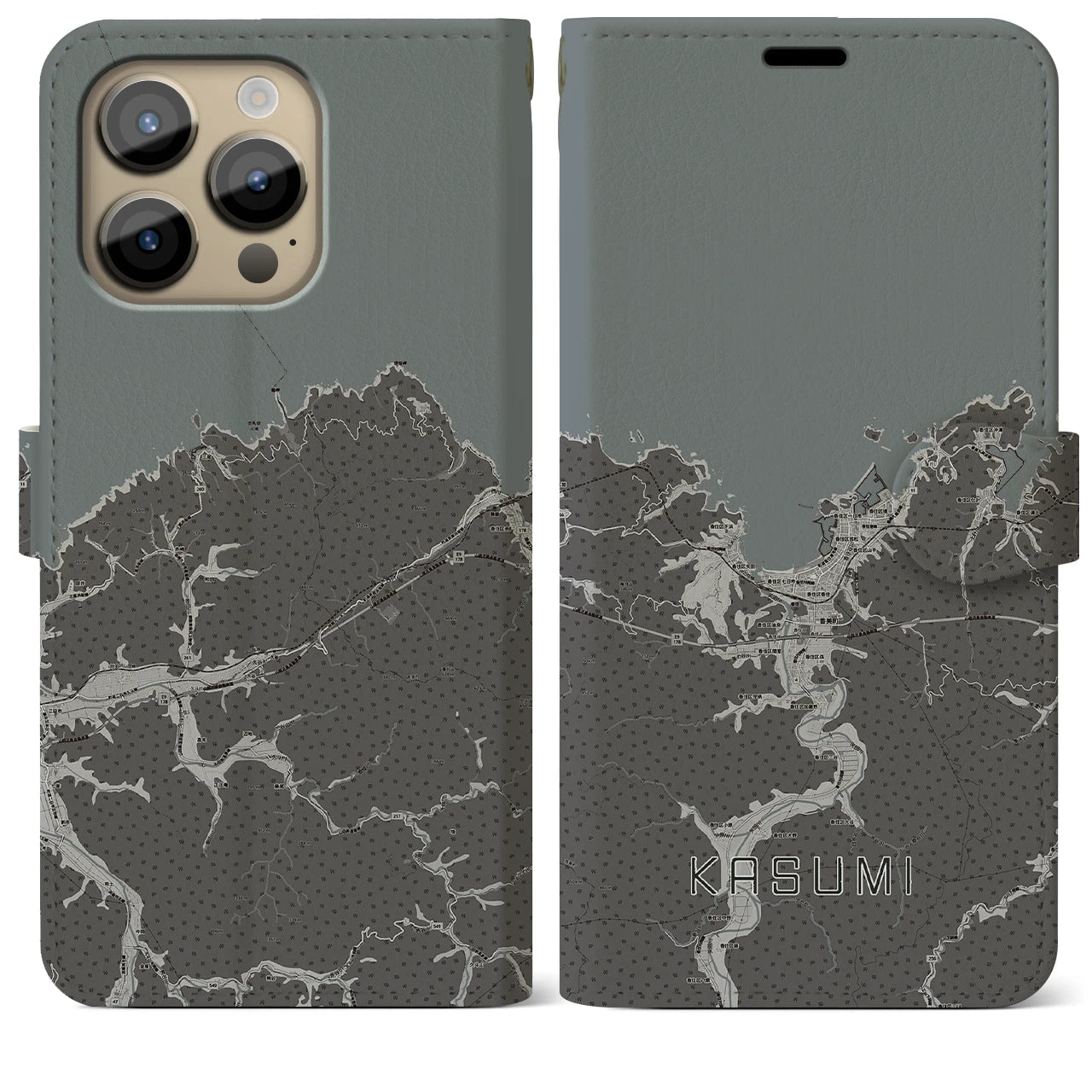 【香住(兵庫県)】地図柄iPhoneケース(手帳タイプ)モノトーン・iPhone 14 Pro Max 用