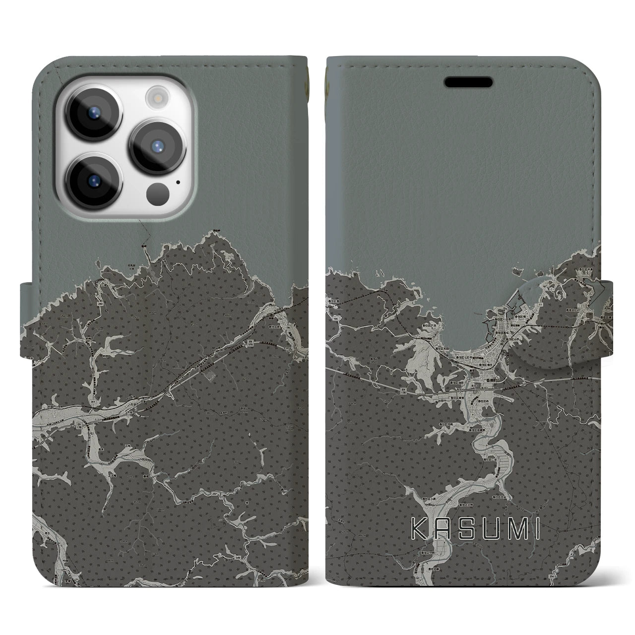 【香住(兵庫県)】地図柄iPhoneケース(手帳タイプ)モノトーン・iPhone 14 Pro 用