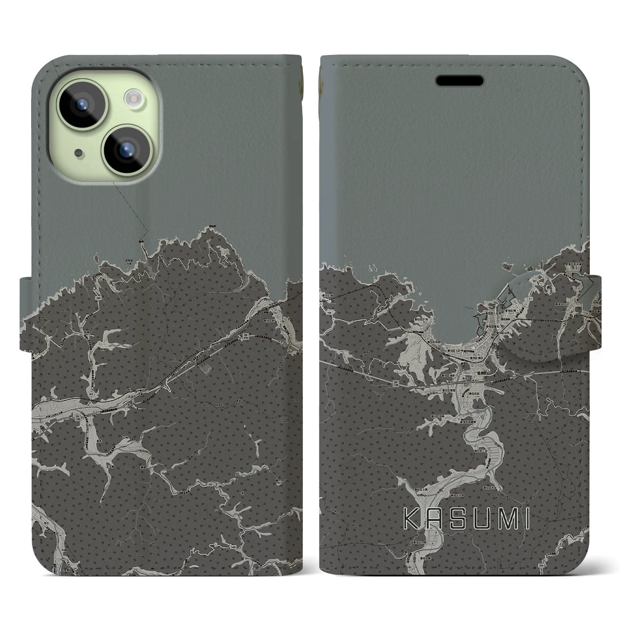 【香住(兵庫県)】地図柄iPhoneケース(手帳タイプ)モノトーン・iPhone 15 用