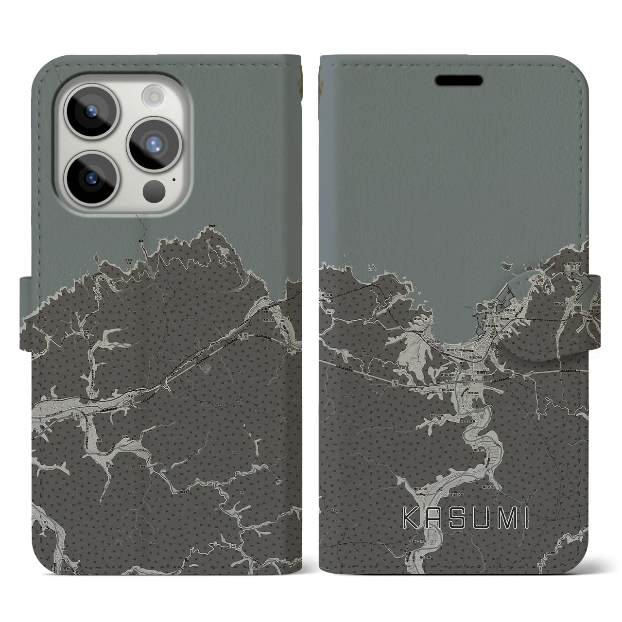 【香住(兵庫県)】地図柄iPhoneケース(手帳タイプ)モノトーン・iPhone 15 Pro 用