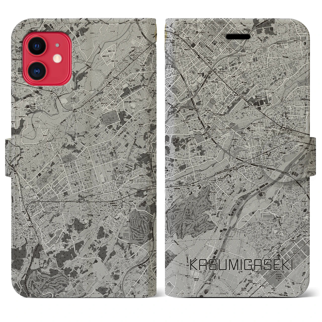 【霞ヶ関(埼玉県)】地図柄iPhoneケース(手帳タイプ)モノトーン・iPhone 11 用