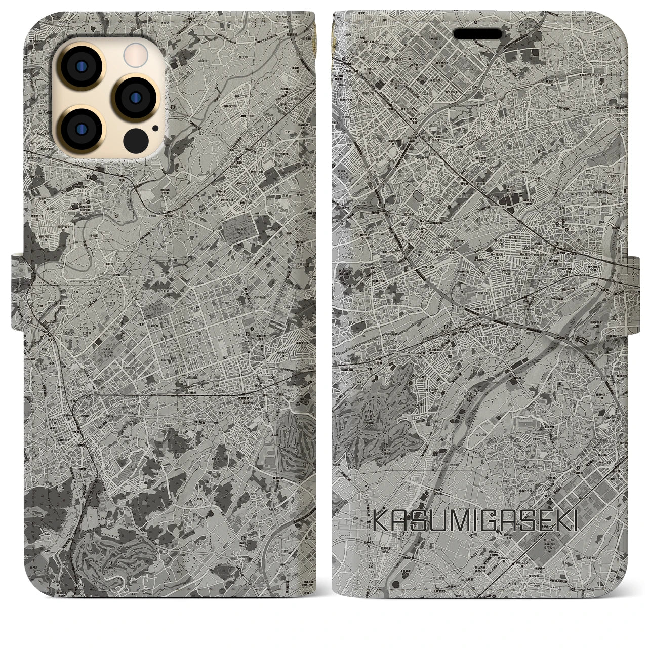【霞ヶ関(埼玉県)】地図柄iPhoneケース(手帳タイプ)モノトーン・iPhone 12 Pro Max 用