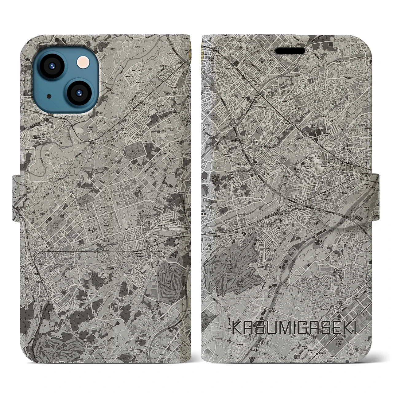 【霞ヶ関(埼玉県)】地図柄iPhoneケース(手帳タイプ)モノトーン・iPhone 13 用