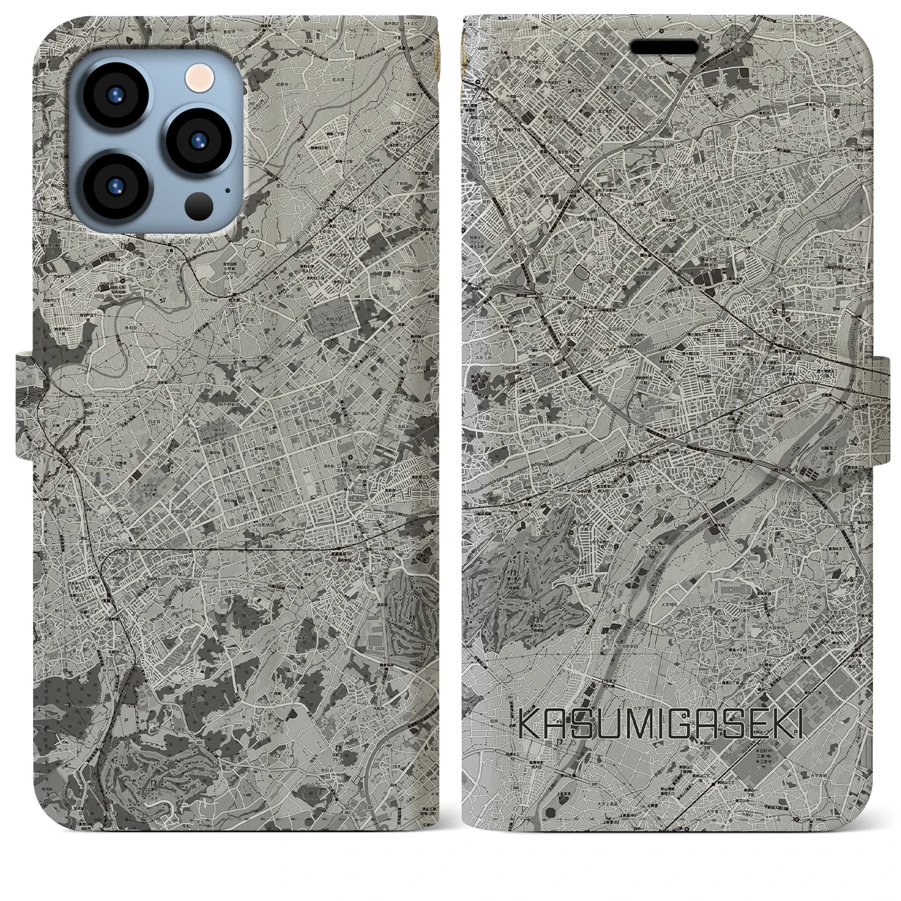 【霞ヶ関(埼玉県)】地図柄iPhoneケース(手帳タイプ)モノトーン・iPhone 13 Pro Max 用