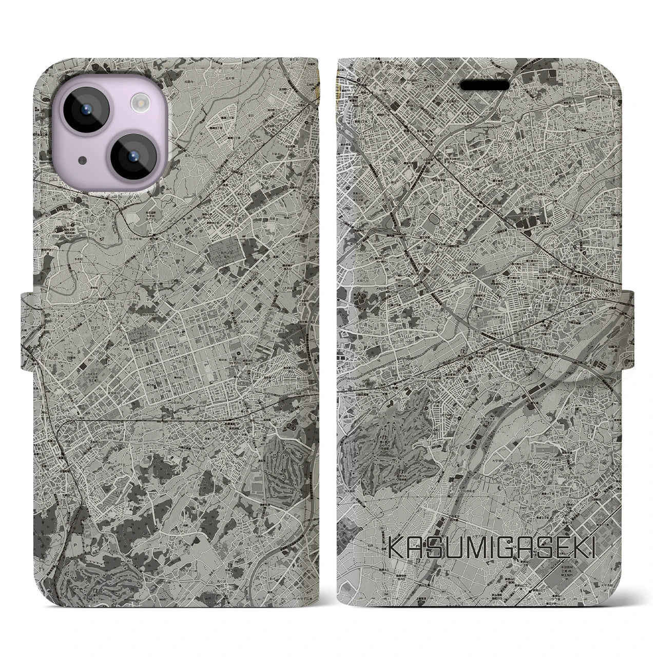 【霞ヶ関(埼玉県)】地図柄iPhoneケース(手帳タイプ)モノトーン・iPhone 14 用