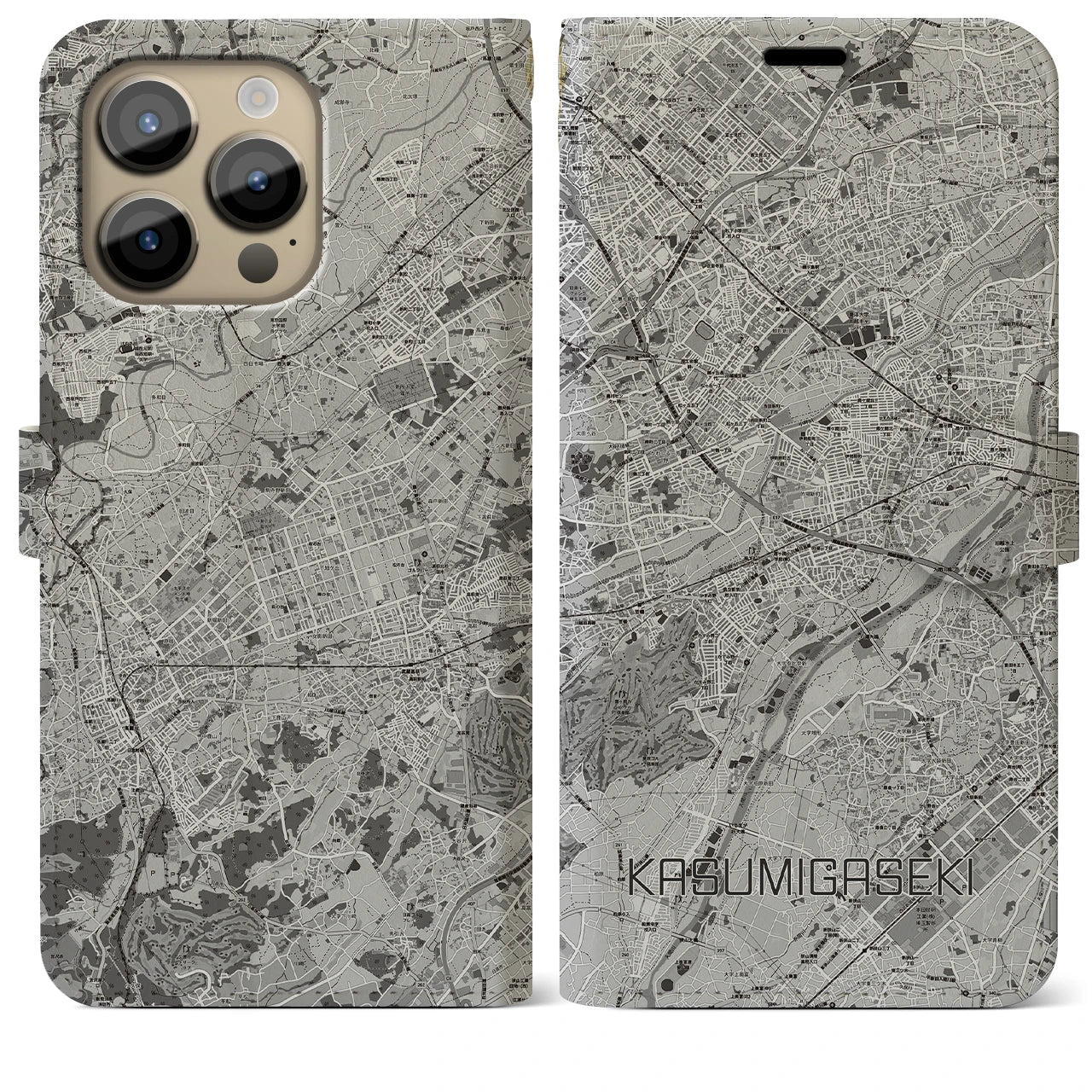 【霞ヶ関(埼玉県)】地図柄iPhoneケース(手帳タイプ)モノトーン・iPhone 14 Pro Max 用