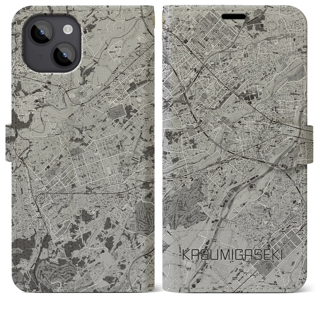 【霞ヶ関(埼玉県)】地図柄iPhoneケース(手帳タイプ)モノトーン・iPhone 14 Plus 用