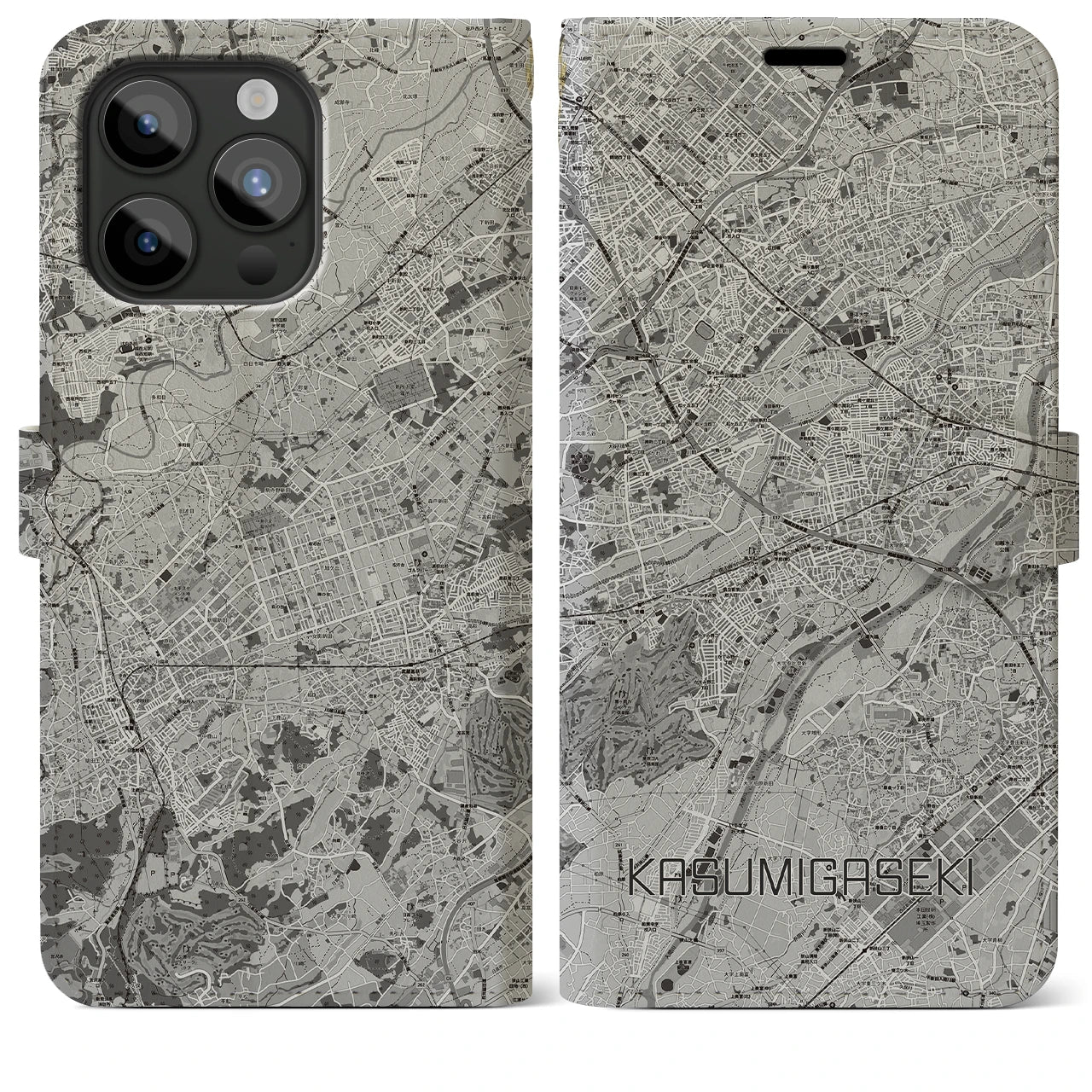 【霞ヶ関(埼玉県)】地図柄iPhoneケース(手帳タイプ)モノトーン・iPhone 15 Pro Max 用