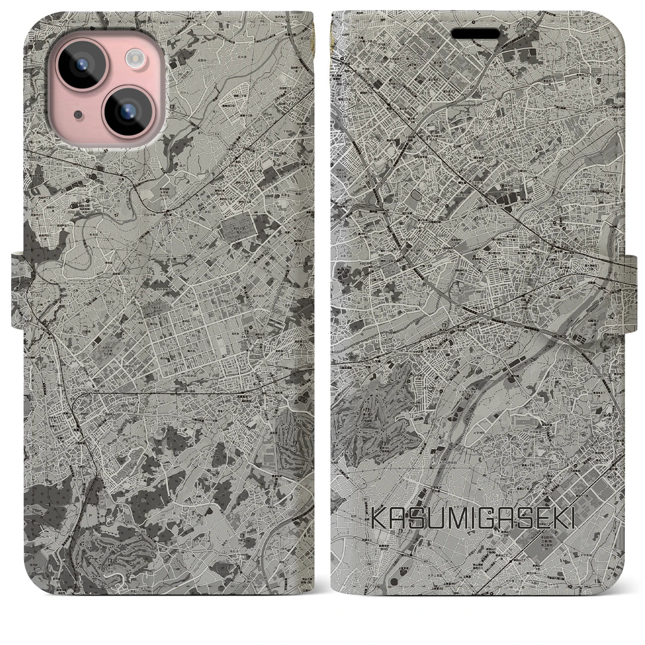 【霞ヶ関(埼玉県)】地図柄iPhoneケース(手帳タイプ)モノトーン・iPhone 15 Plus 用