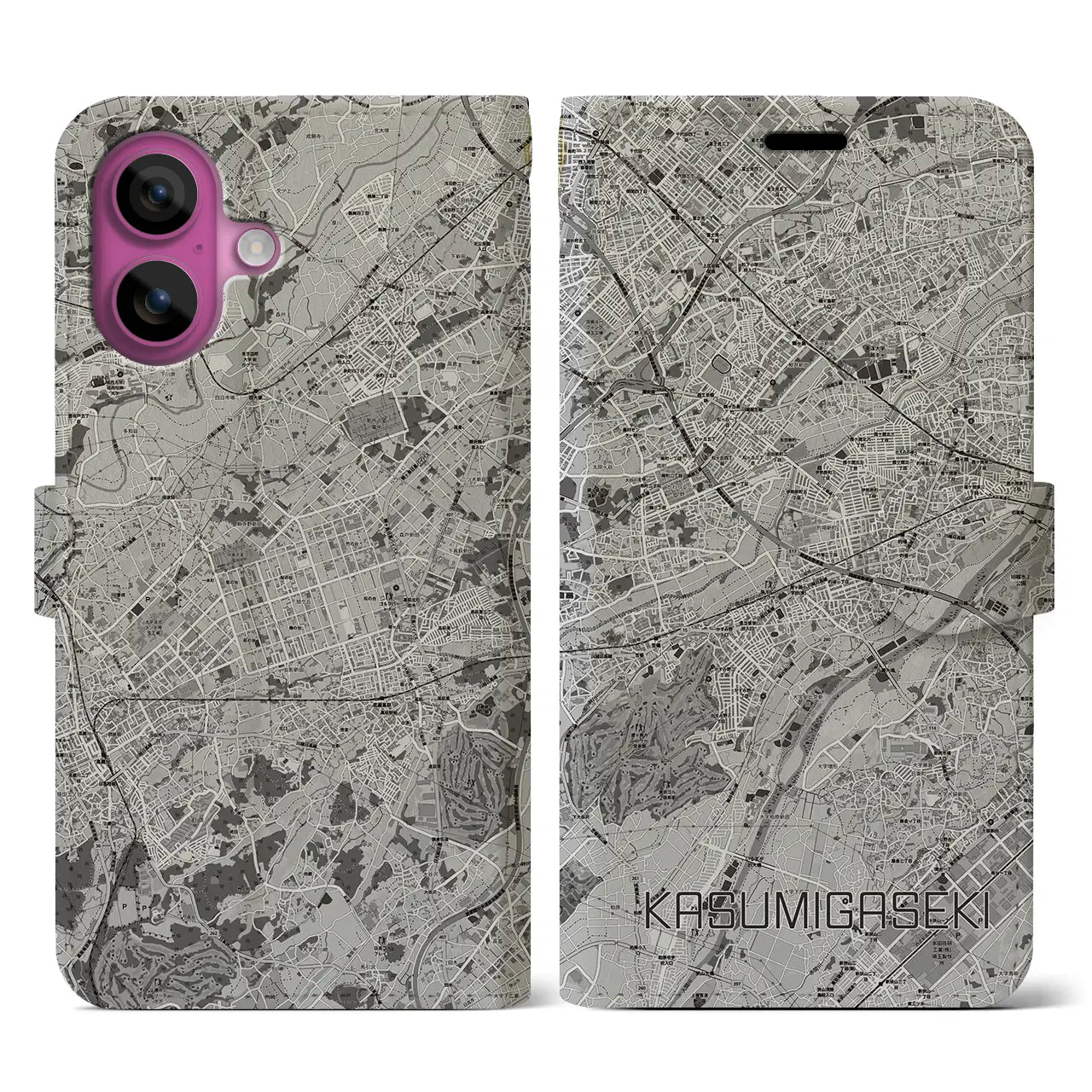【霞ヶ関(埼玉県)】地図柄iPhoneケース(手帳タイプ)モノトーン・iPhone 16 Pro 用