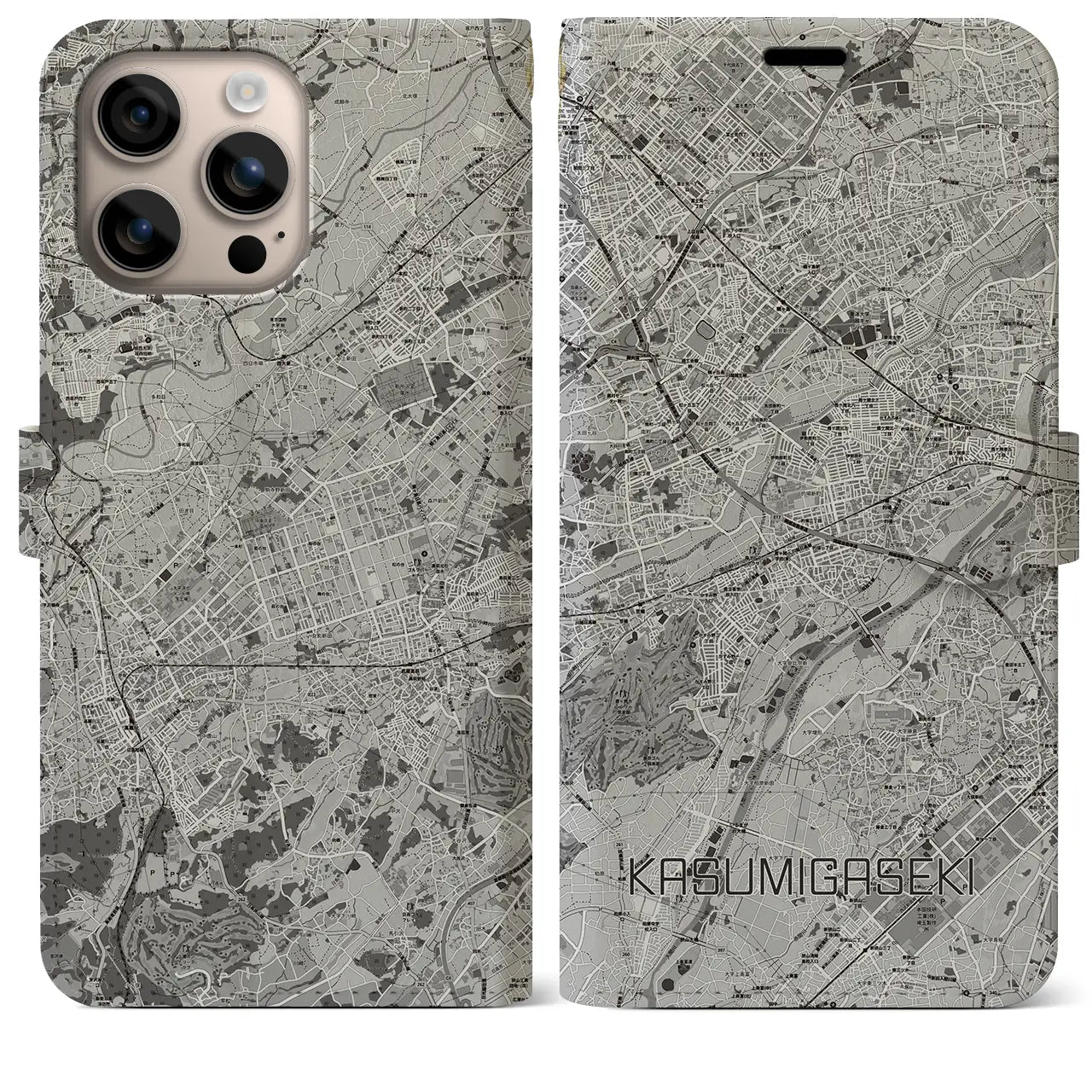 【霞ヶ関(埼玉県)】地図柄iPhoneケース(手帳タイプ)モノトーン・iPhone 16 Plus 用