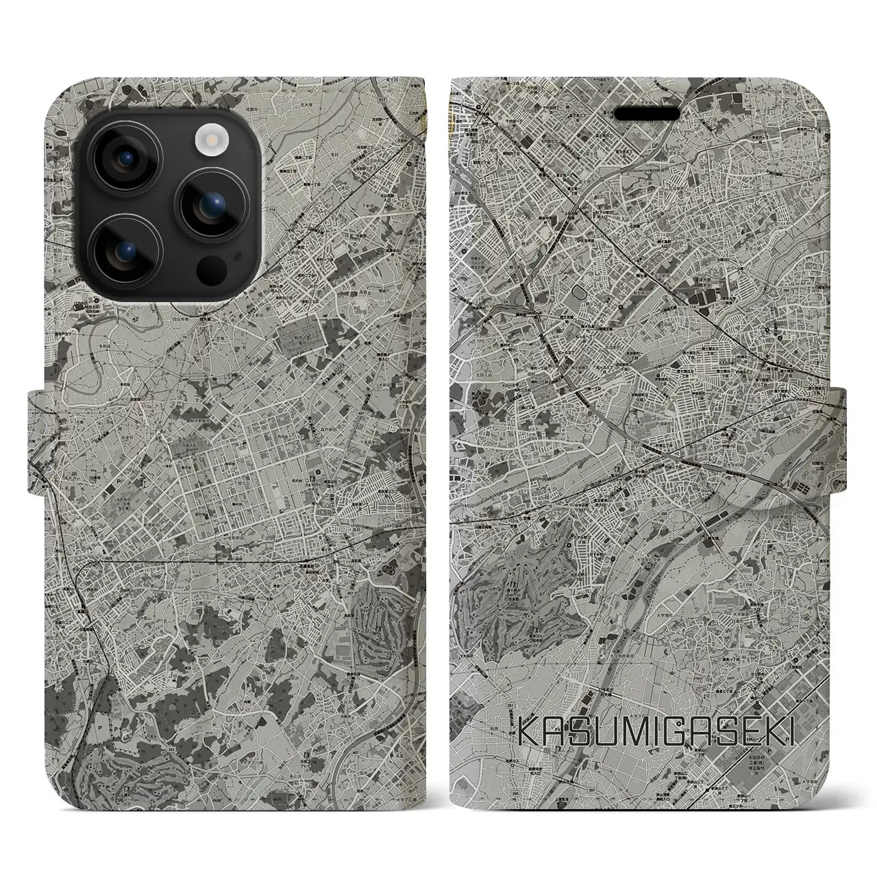 【霞ヶ関(埼玉県)】地図柄iPhoneケース(手帳タイプ)モノトーン・iPhone 16 用