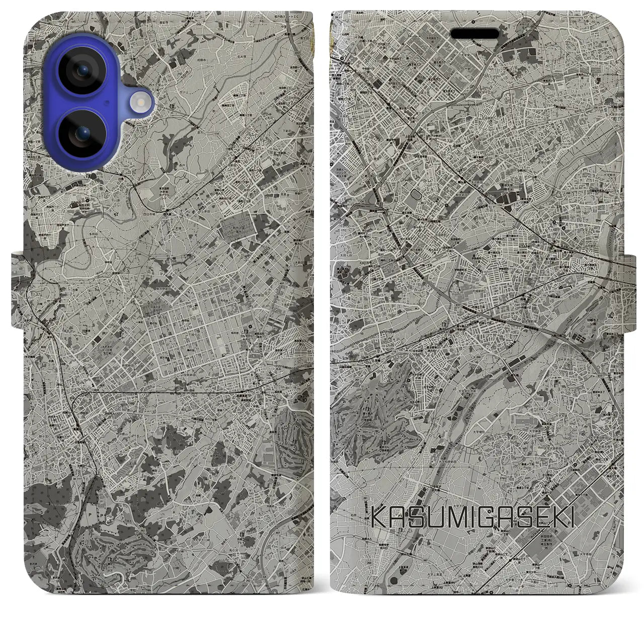【霞ヶ関(埼玉県)】地図柄iPhoneケース(手帳タイプ)モノトーン・iPhone 16 Pro Max 用