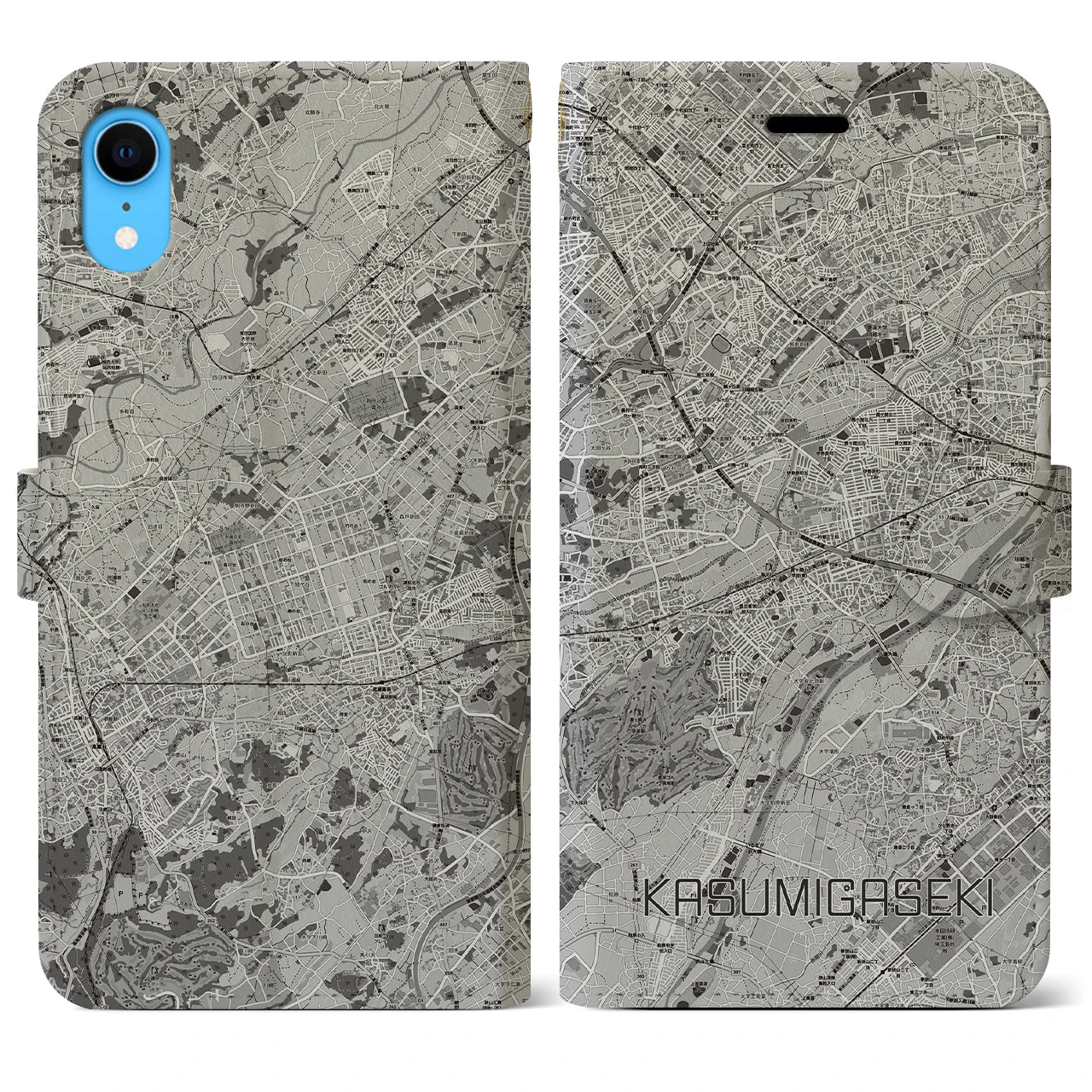 【霞ヶ関(埼玉県)】地図柄iPhoneケース(手帳タイプ)モノトーン・iPhone XR 用