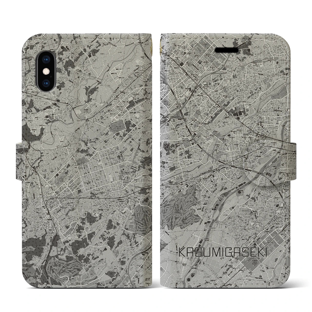 【霞ヶ関(埼玉県)】地図柄iPhoneケース(手帳タイプ)モノトーン・iPhone XS / X 用
