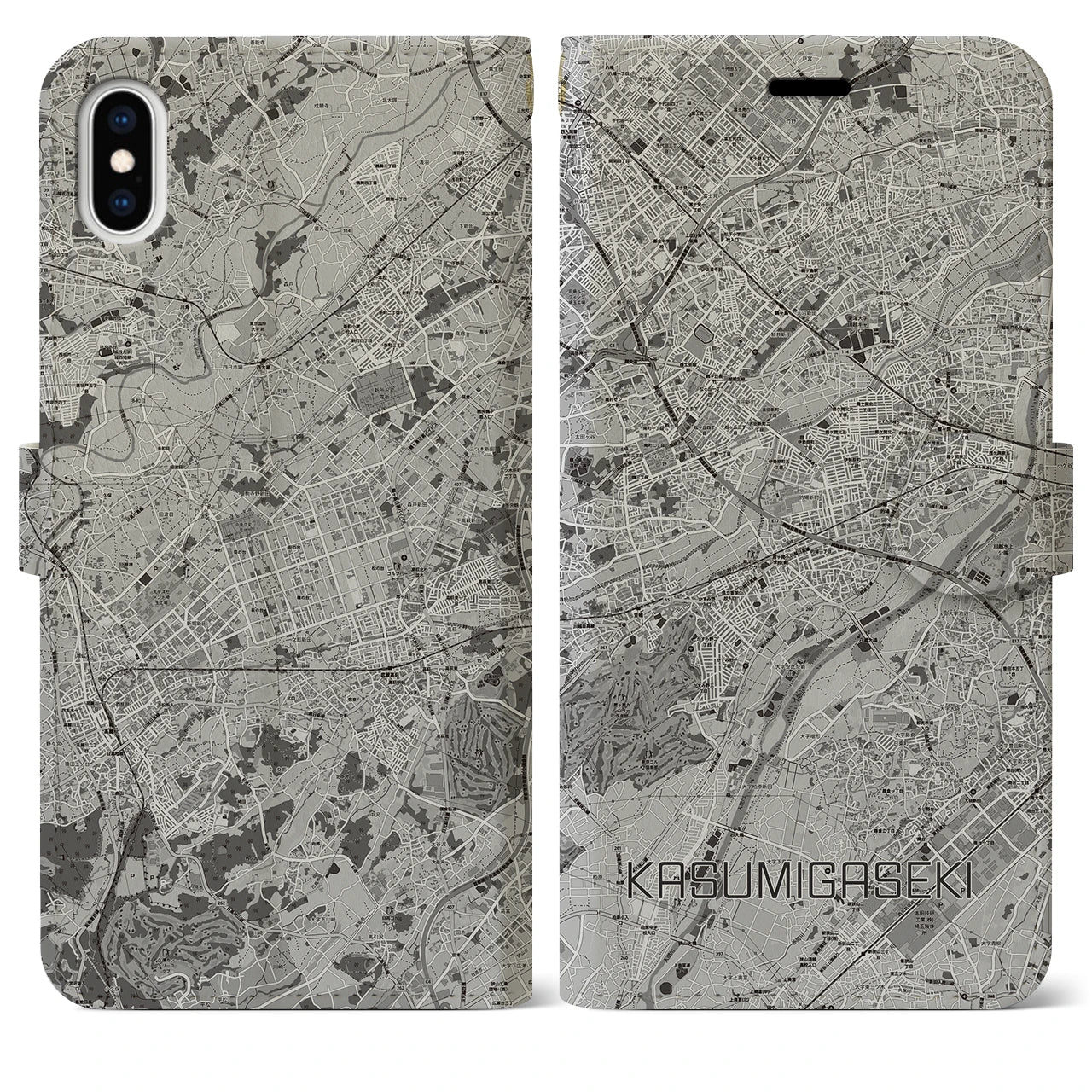【霞ヶ関(埼玉県)】地図柄iPhoneケース(手帳タイプ)モノトーン・iPhone XS Max 用