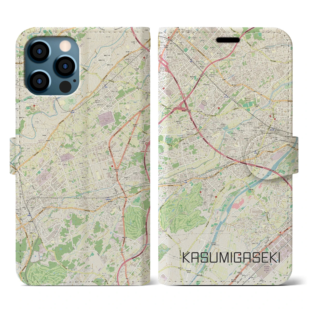 【霞ヶ関(埼玉県)】地図柄iPhoneケース(手帳タイプ)ナチュラル・iPhone 12 / 12 Pro 用