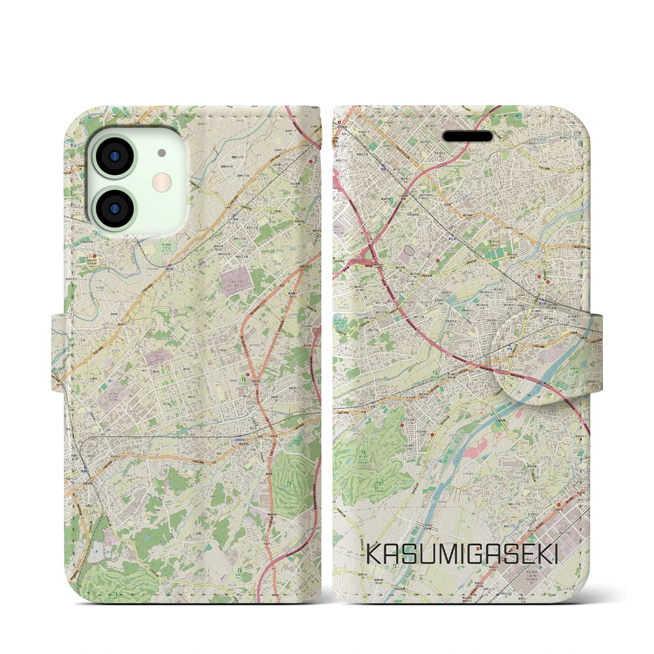 【霞ヶ関(埼玉県)】地図柄iPhoneケース(手帳タイプ)ナチュラル・iPhone 12 mini 用